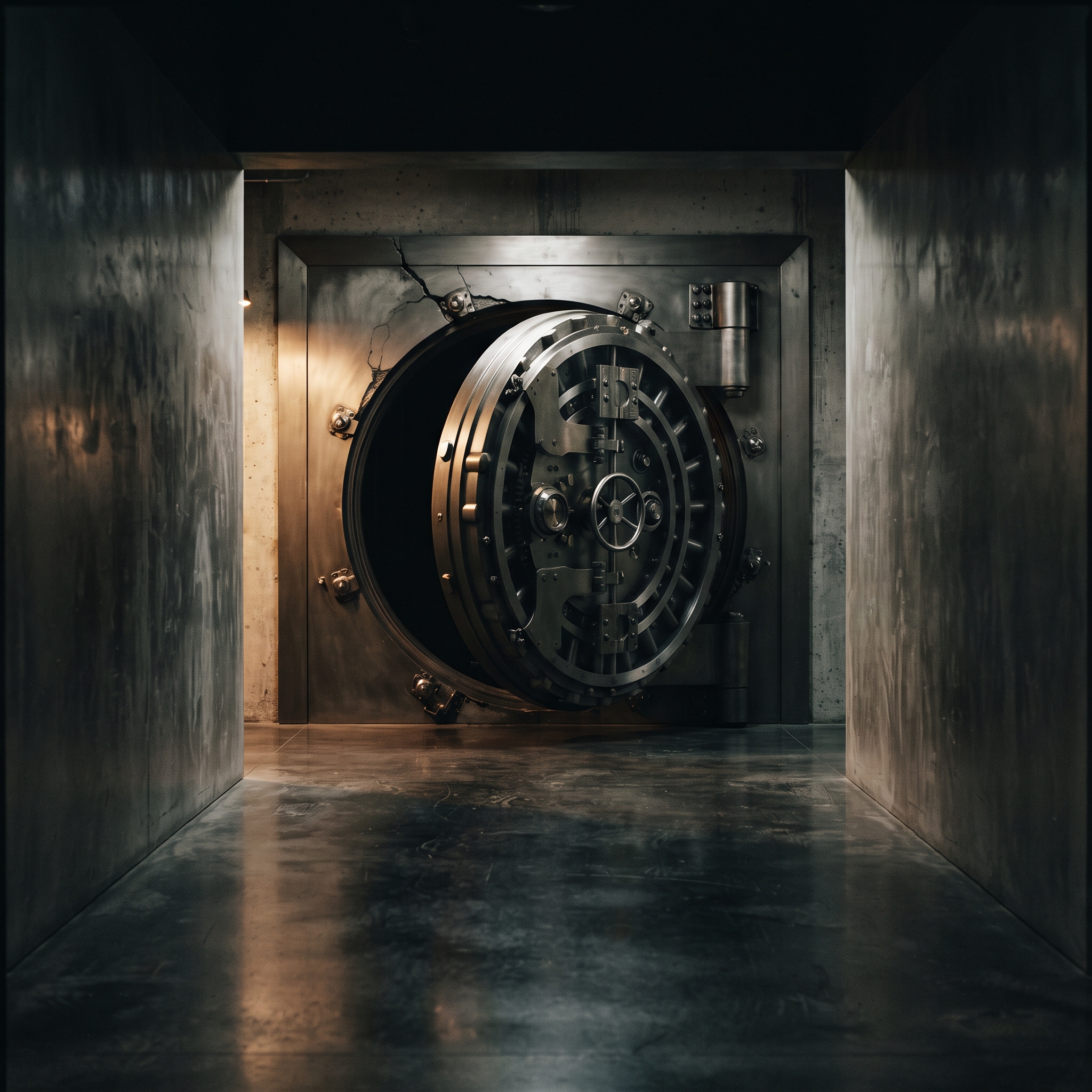 Bank vault door in a concrete corridor, representing money-handling software that should not be built in-house