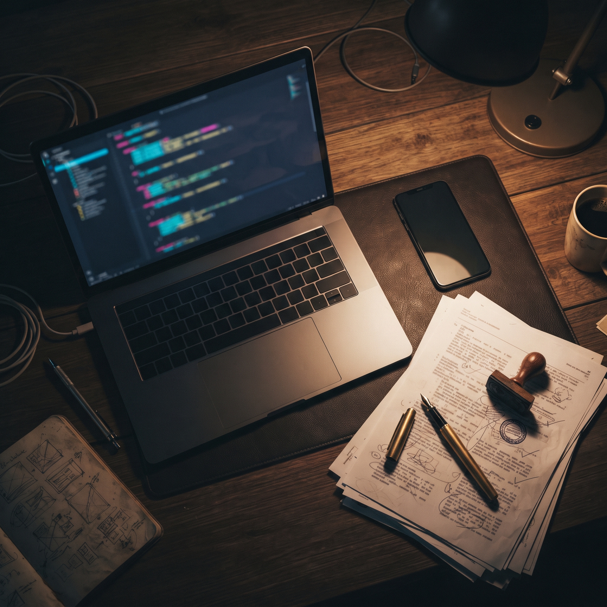 Laptop, smartphone, and a stack of approval paperwork on a developer's desk, the approval side of building a tap to pay app
