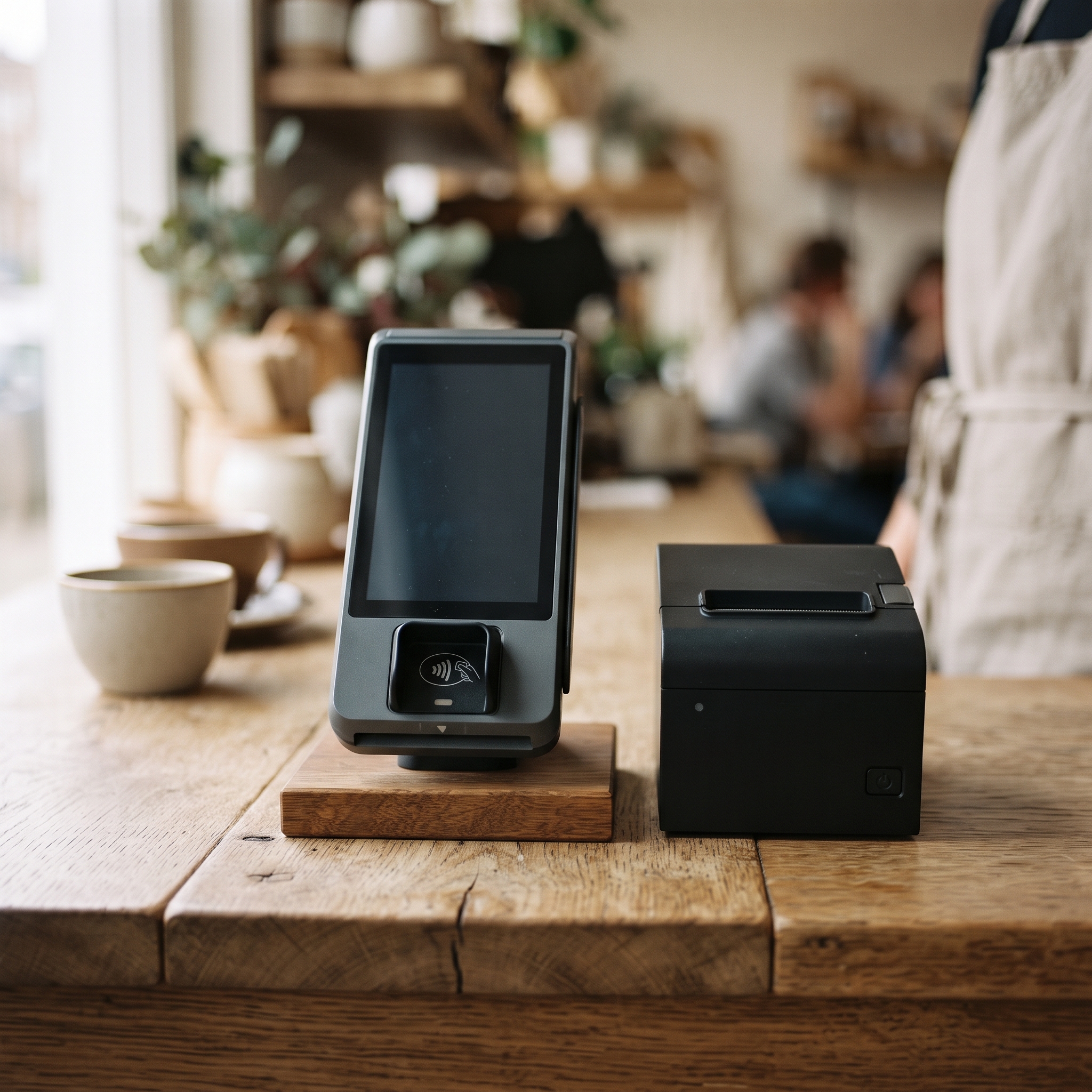 Unbranded certified payment terminal on a shop counter, the card-present layer of payment infrastructure