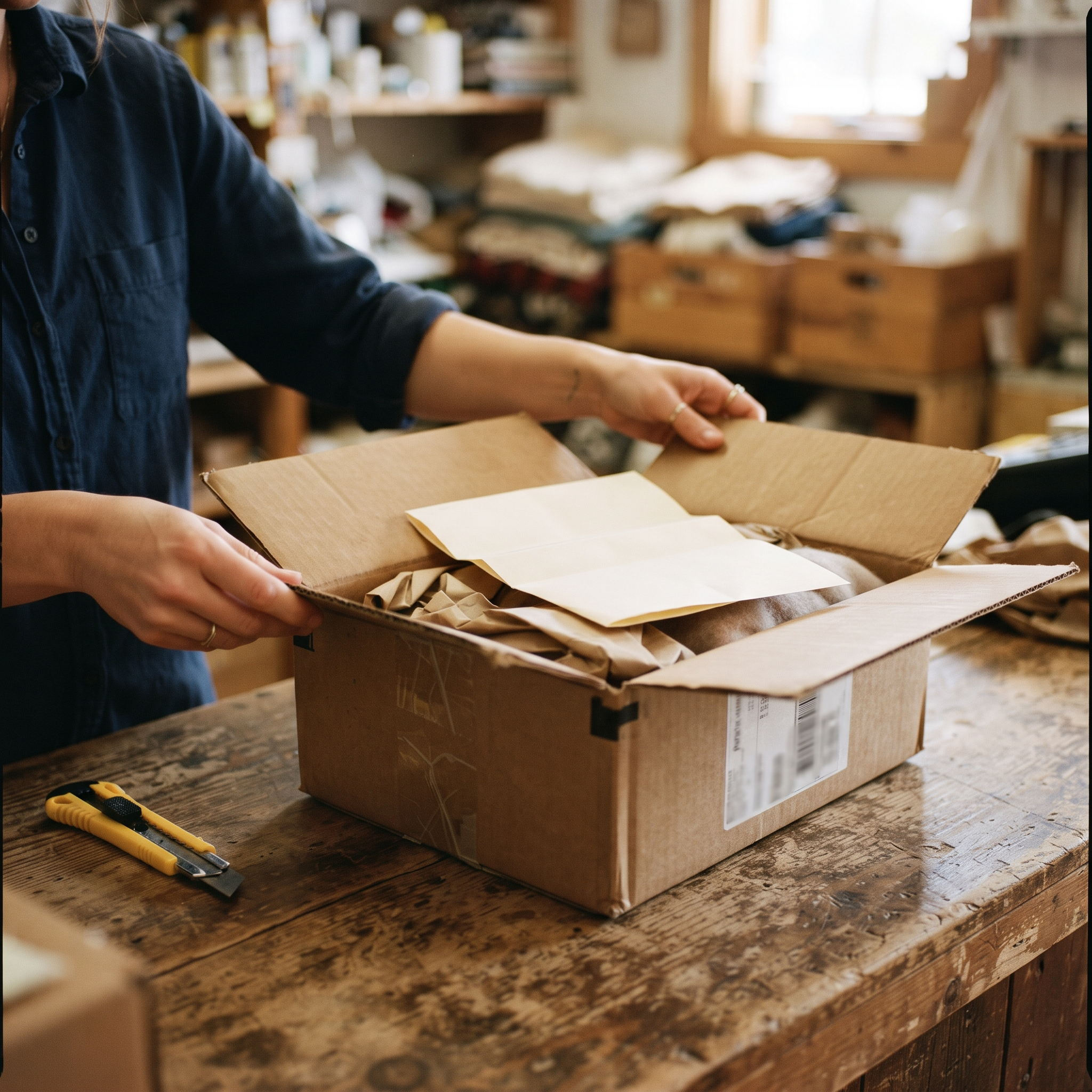 Opening a delivery box with the packing slip on top before counting the contents
