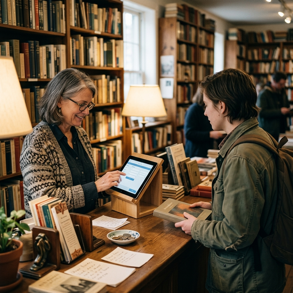 Shopkeeper ringing up an in-person sale on a browser-based register tablet, the WooCommerce POS plugin approach to in-person payments