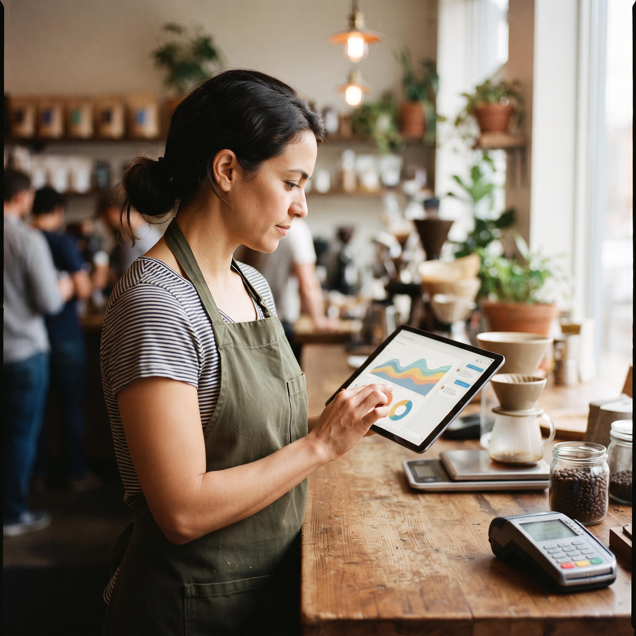 Shop owner reviewing AI-generated analytics on a fixed tablet POS dashboard