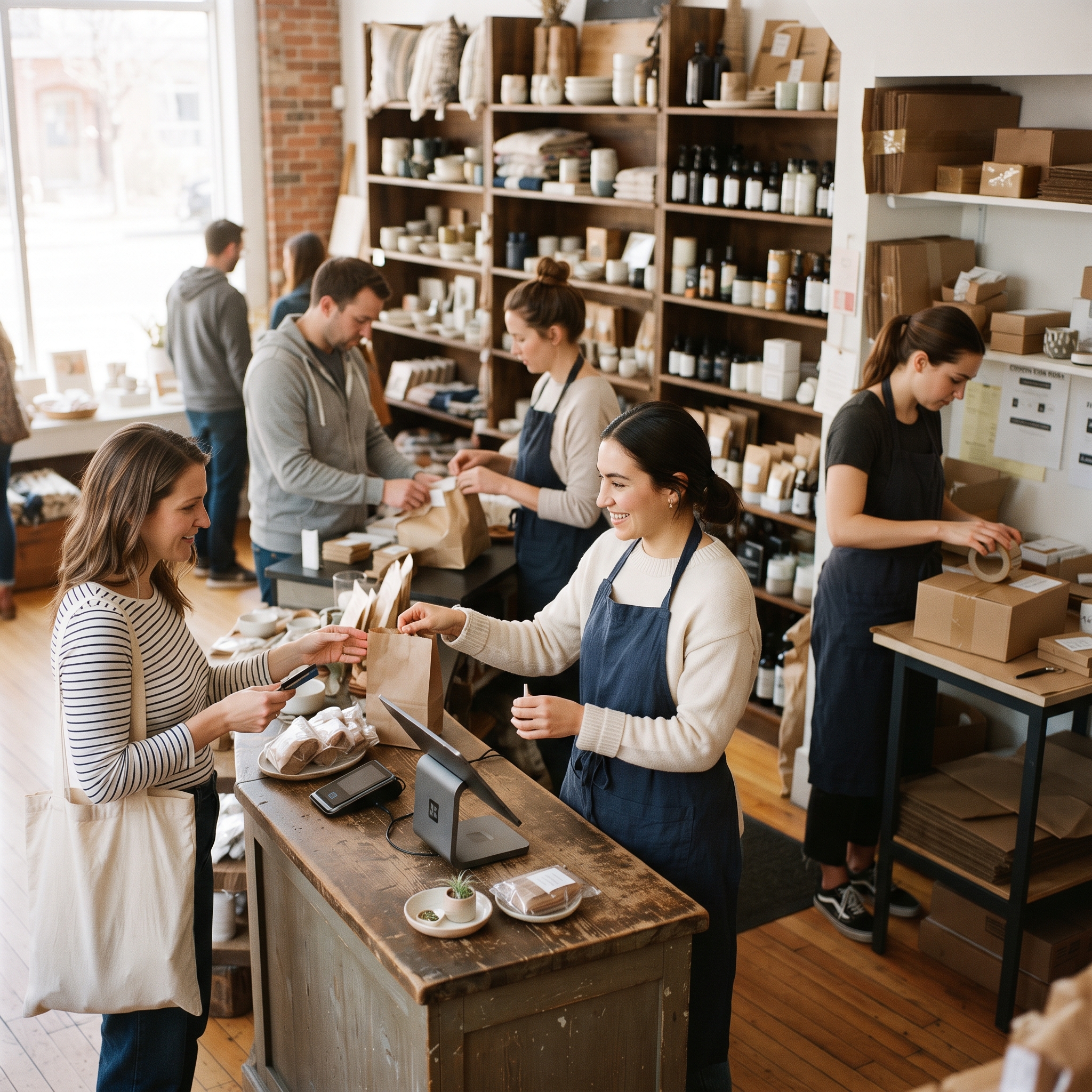 A busy shop running two checkout stations while a worker packs an online order, illustrating the commerce infrastructure a POS depends on