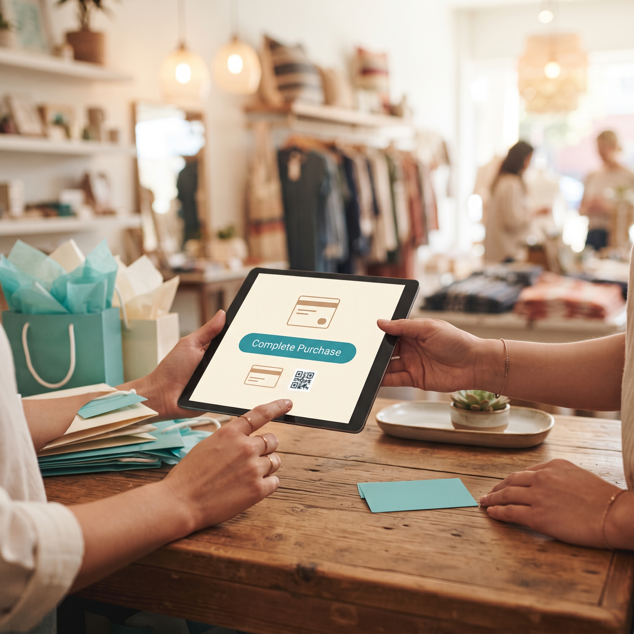 Checkout screen rebranded to match a boutique's colors after a single prompt, with a gift card on the counter