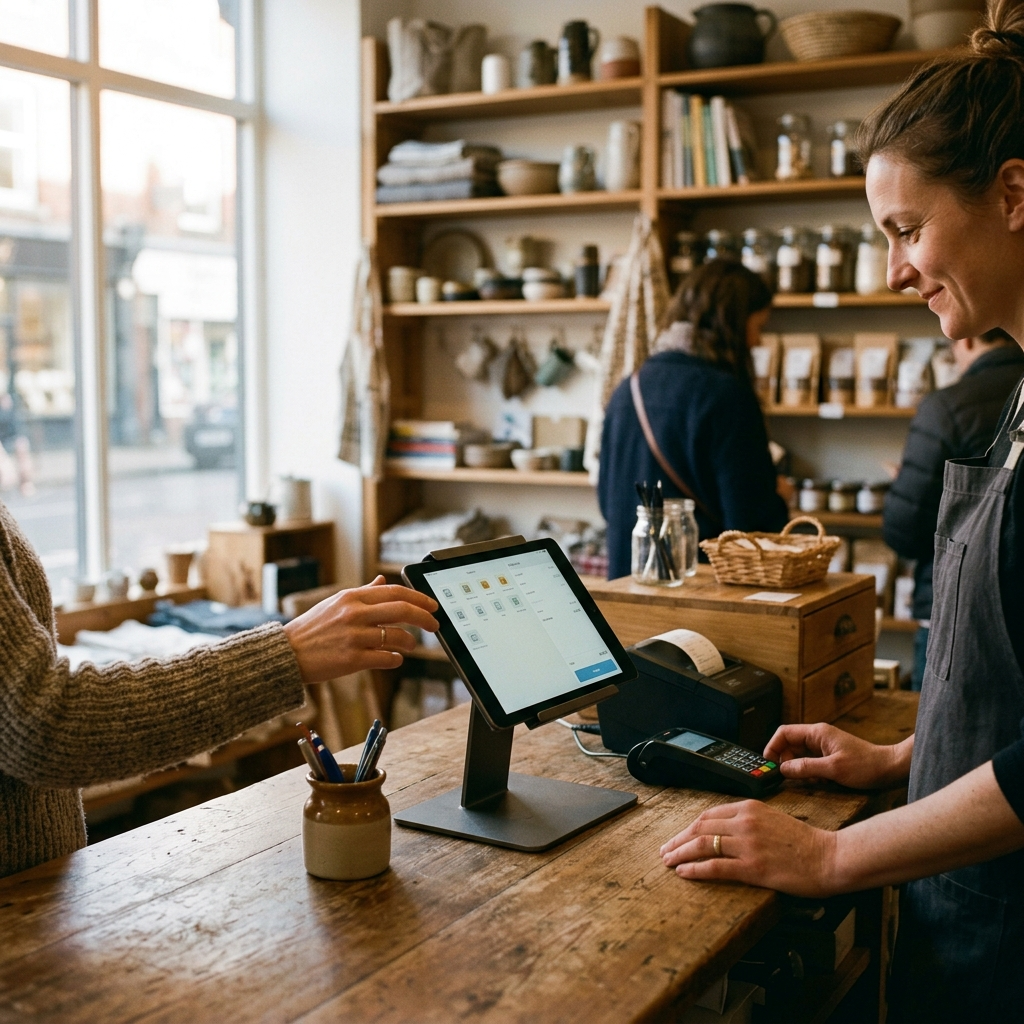 An unbranded tablet point of sale on a small shop counter, the kind an AI can build over MCP