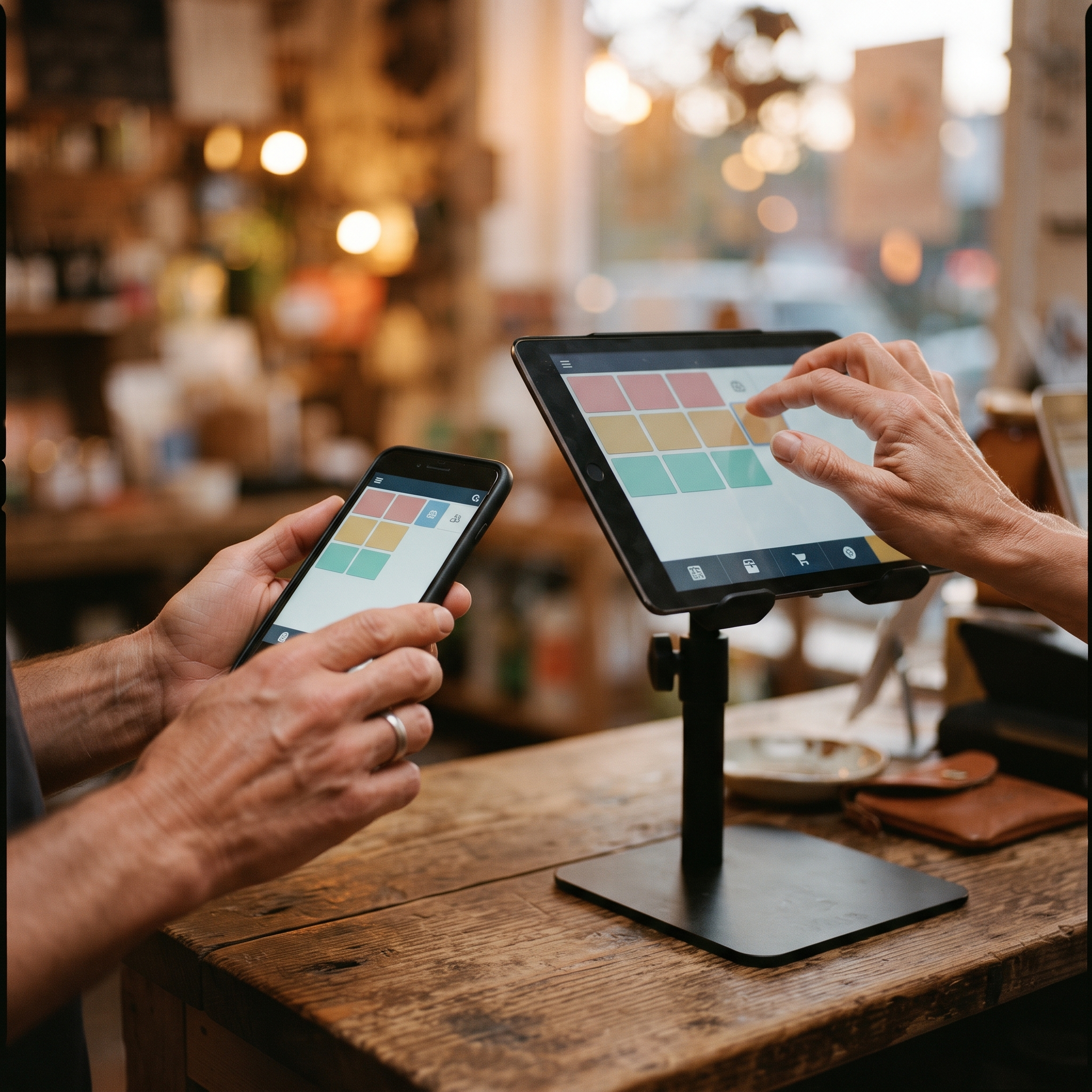 Merchant fine-tuning a tablet POS layout at a store counter in evening light