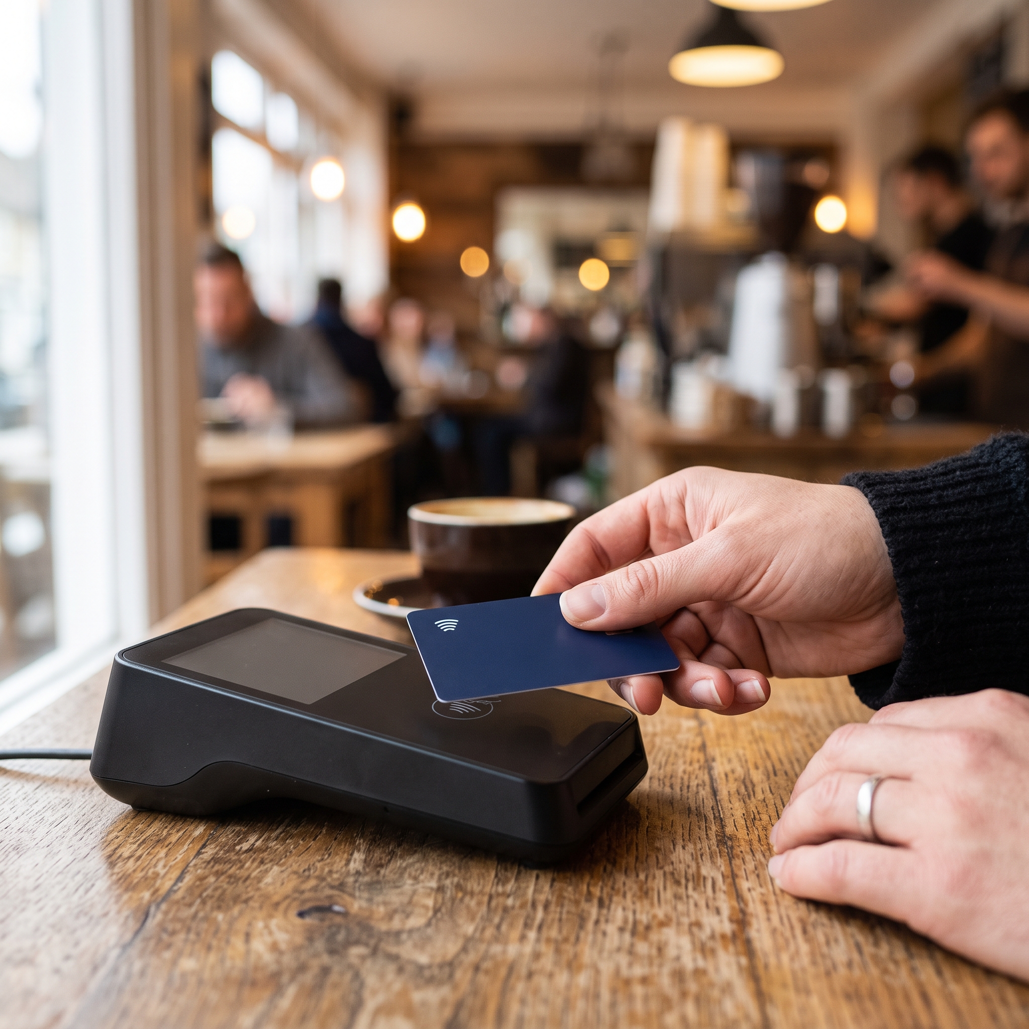 Customer tapping a card on a certified payment terminal, the secure native payment layer of a headless POS