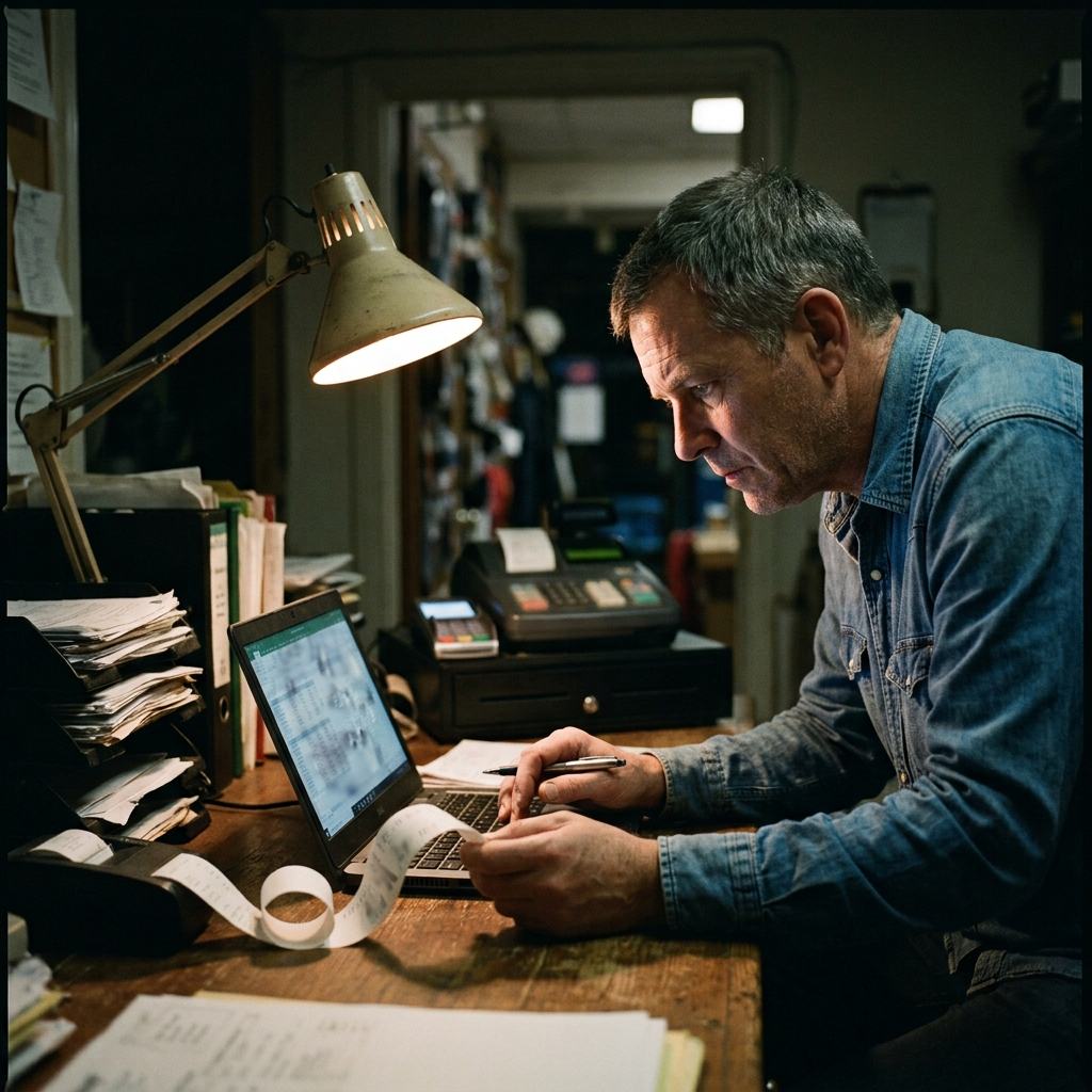 Merchant reconciling POS reports by hand in a spreadsheet after closing