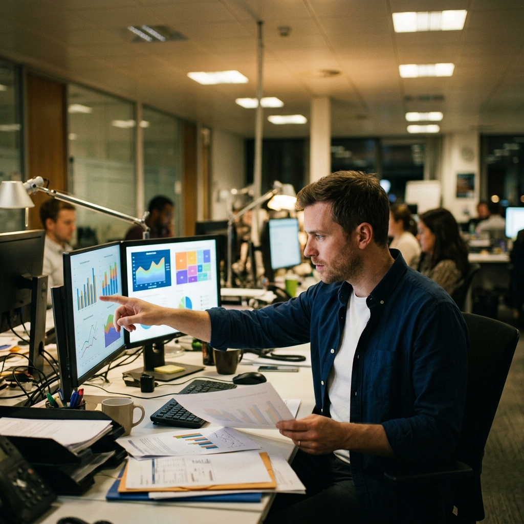 Manager reconciling multi-location POS sales reports against a dashboard