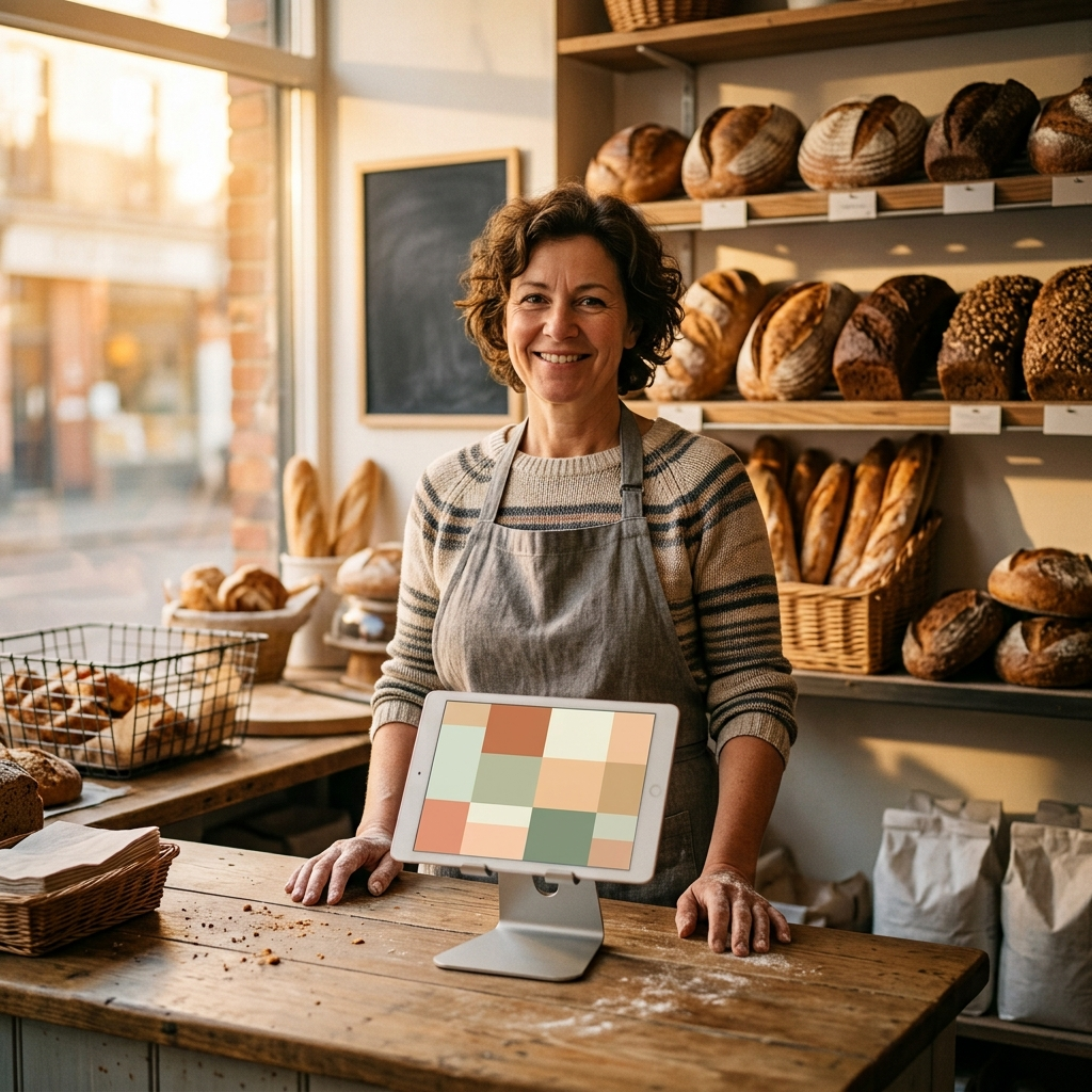 Bakery owner behind the counter with a tablet POS built with AI and deployed on real infrastructure