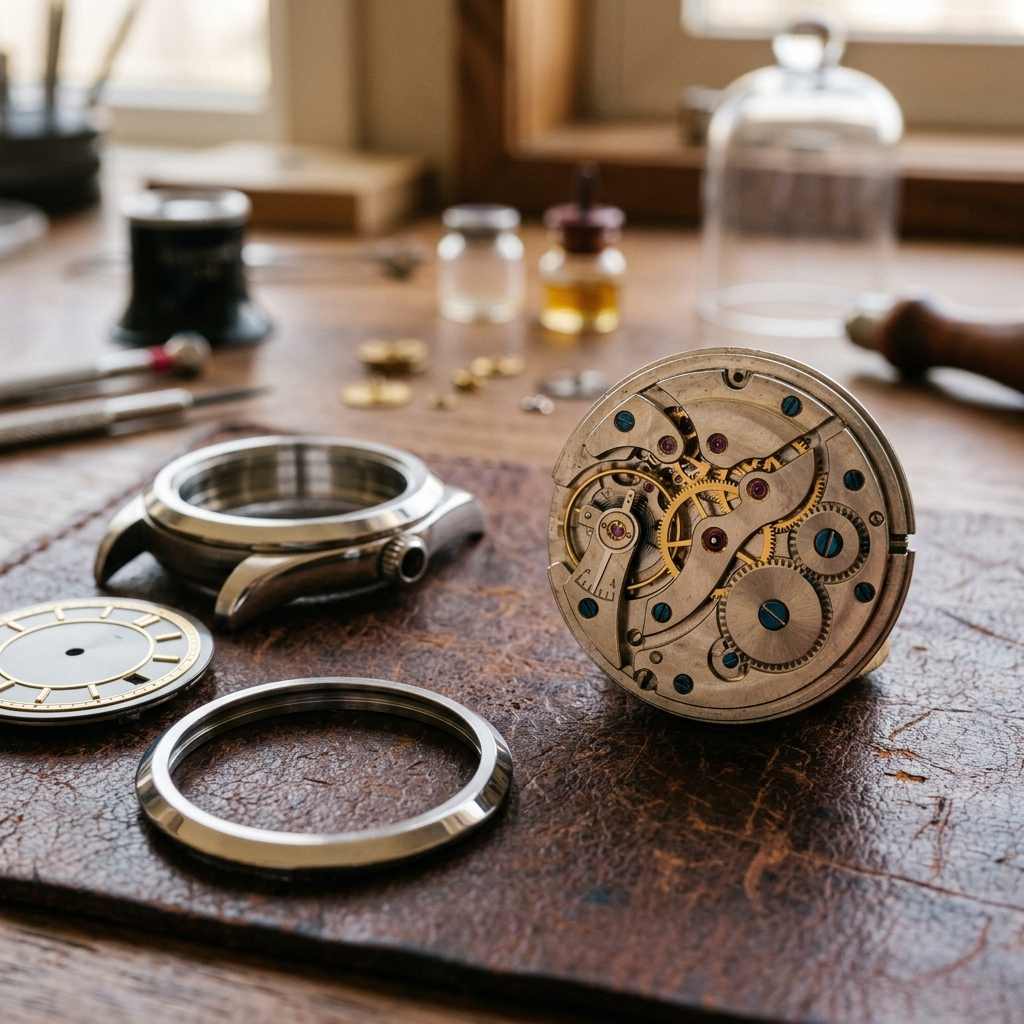 Watch case separated from its gear movement, a metaphor for the interface layer and infrastructure layer in an in-house SaaS replacement