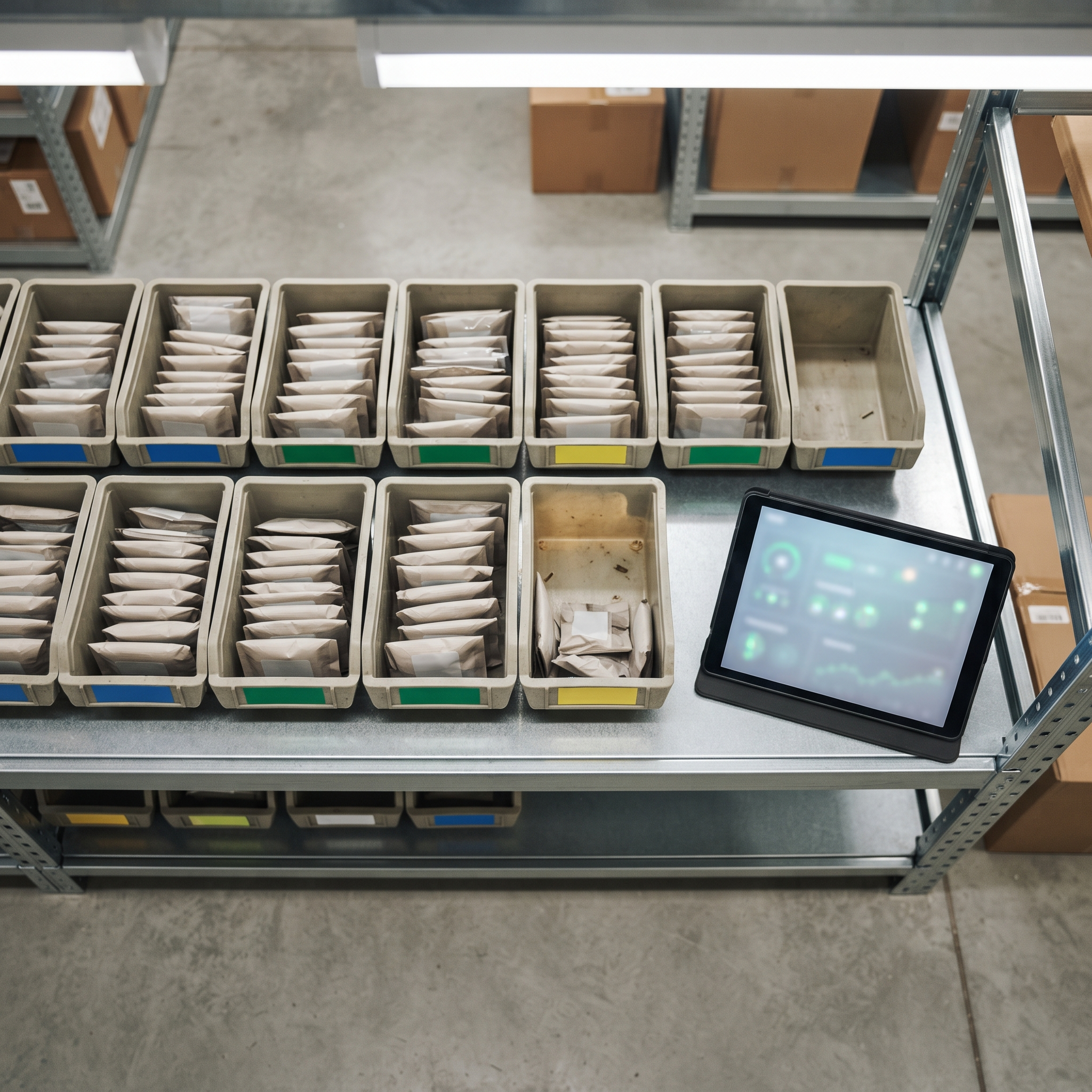 Stockroom shelf with a tablet dashboard nearby, one shared stock pool keeping in-store and online inventory aligned