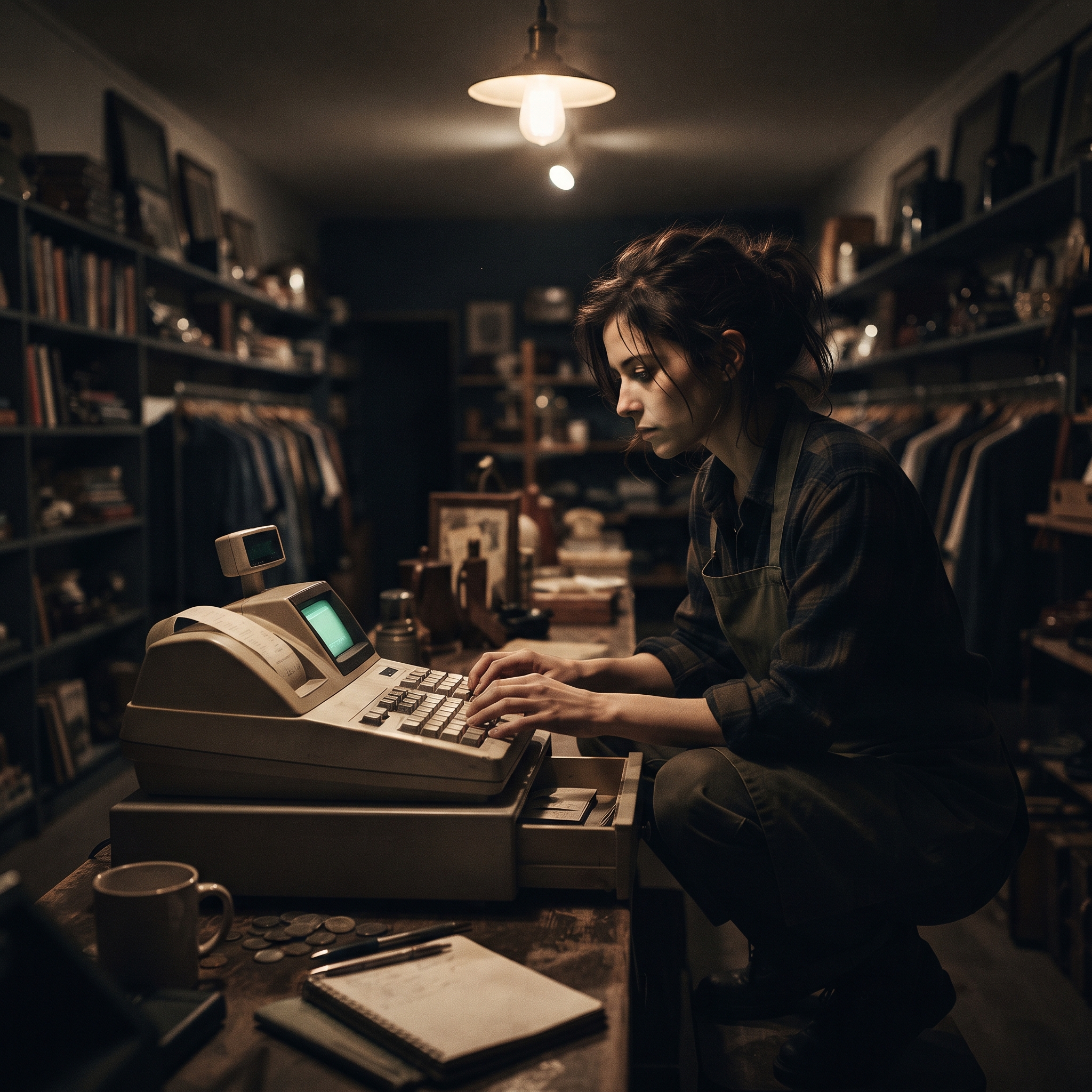 Empleado editando una caja registradora antigua a mano tras el cierre, la forma manual de aplicar un cambio de precio a todas las ubicaciones