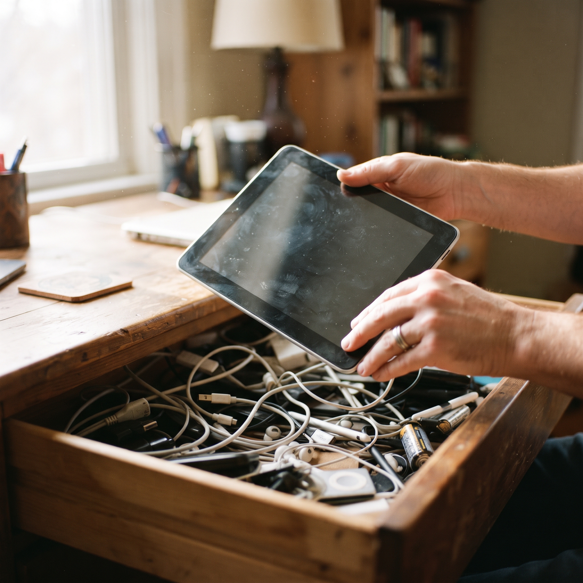 An old tablet being taken out of a desk drawer, ready for a second life as a register
