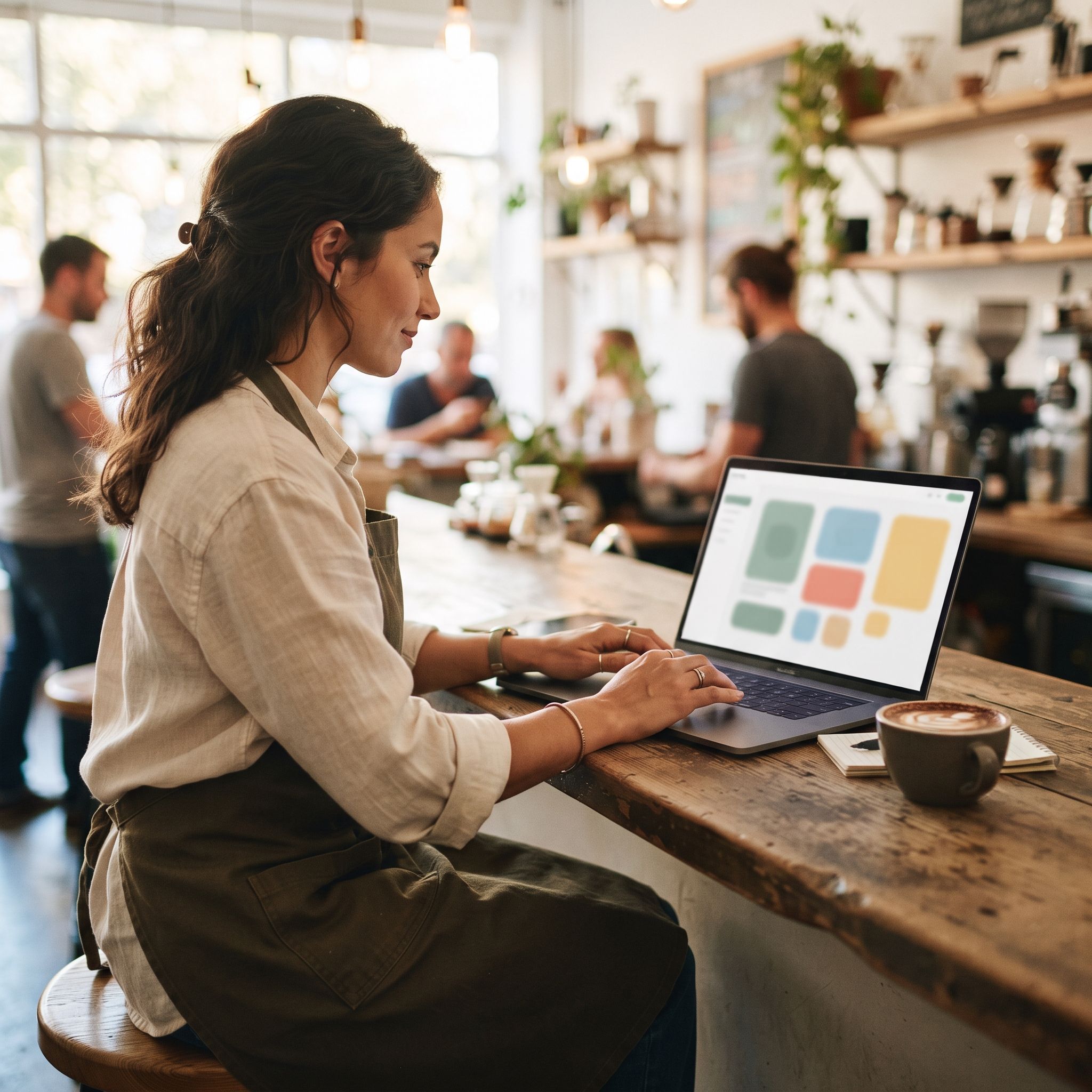 A merchant at a checkout counter typing a description while a live preview takes shape, illustrating AI prompting in Flow Studio