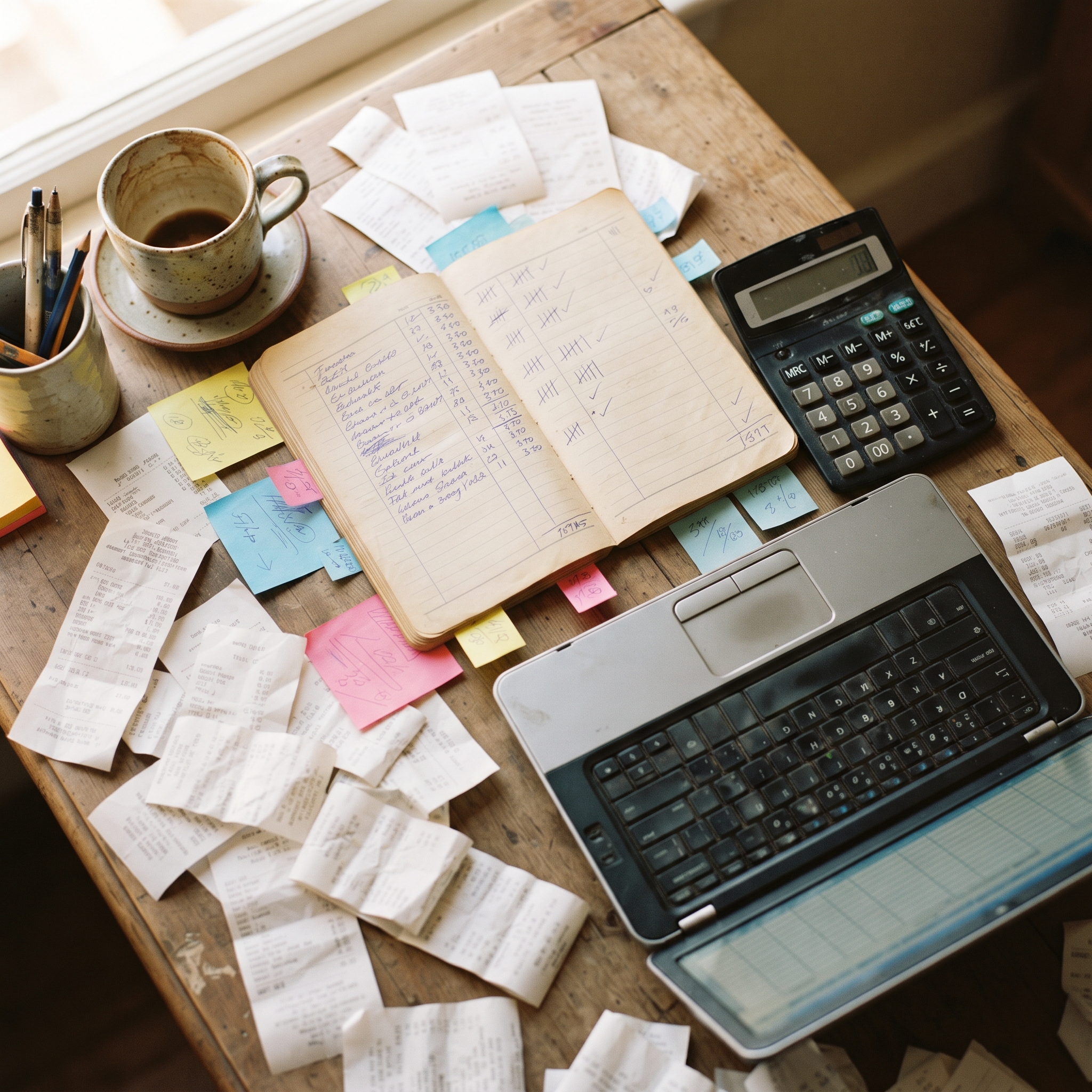 Retail owner auditing software subscriptions with a list and calculator