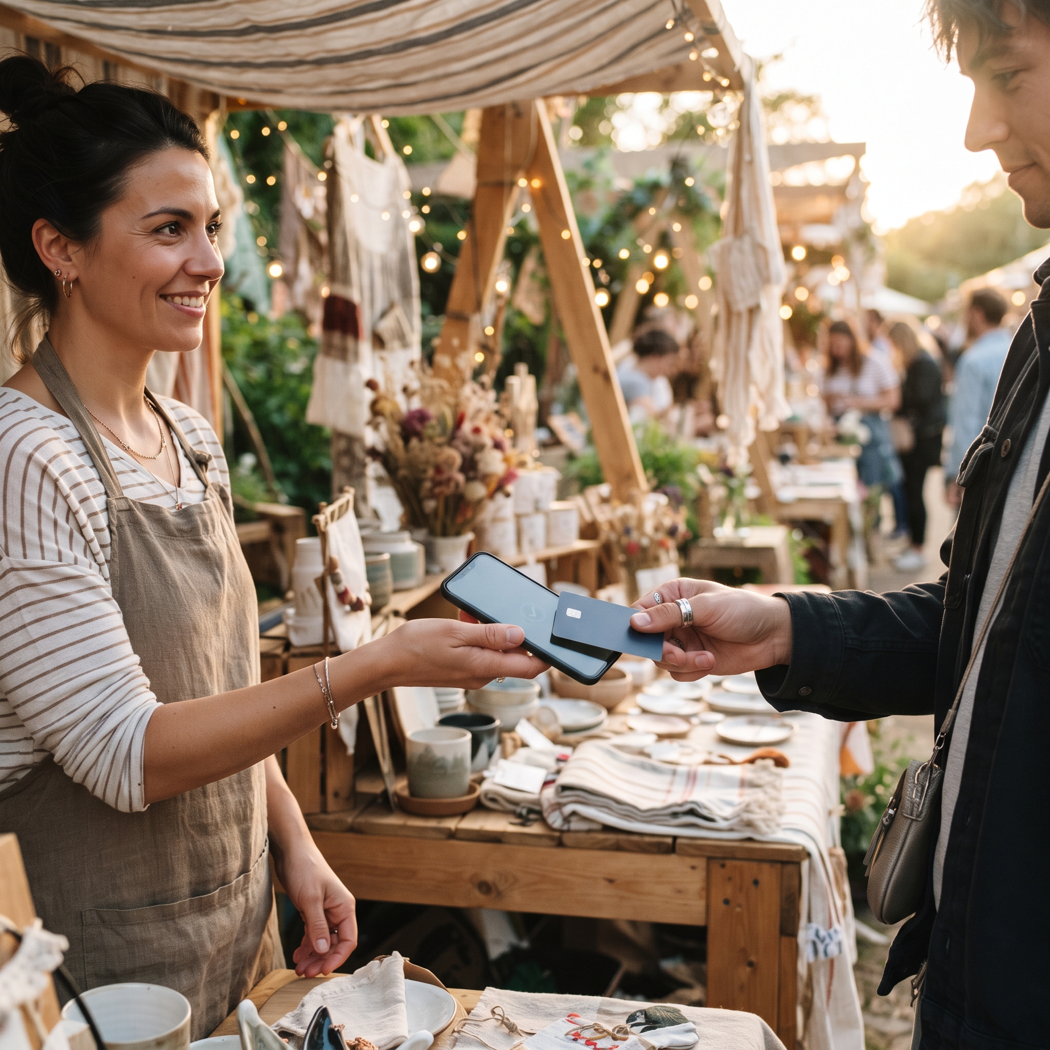 A pop-up vendor taking a contactless card payment on a smartphone at an outdoor market stall