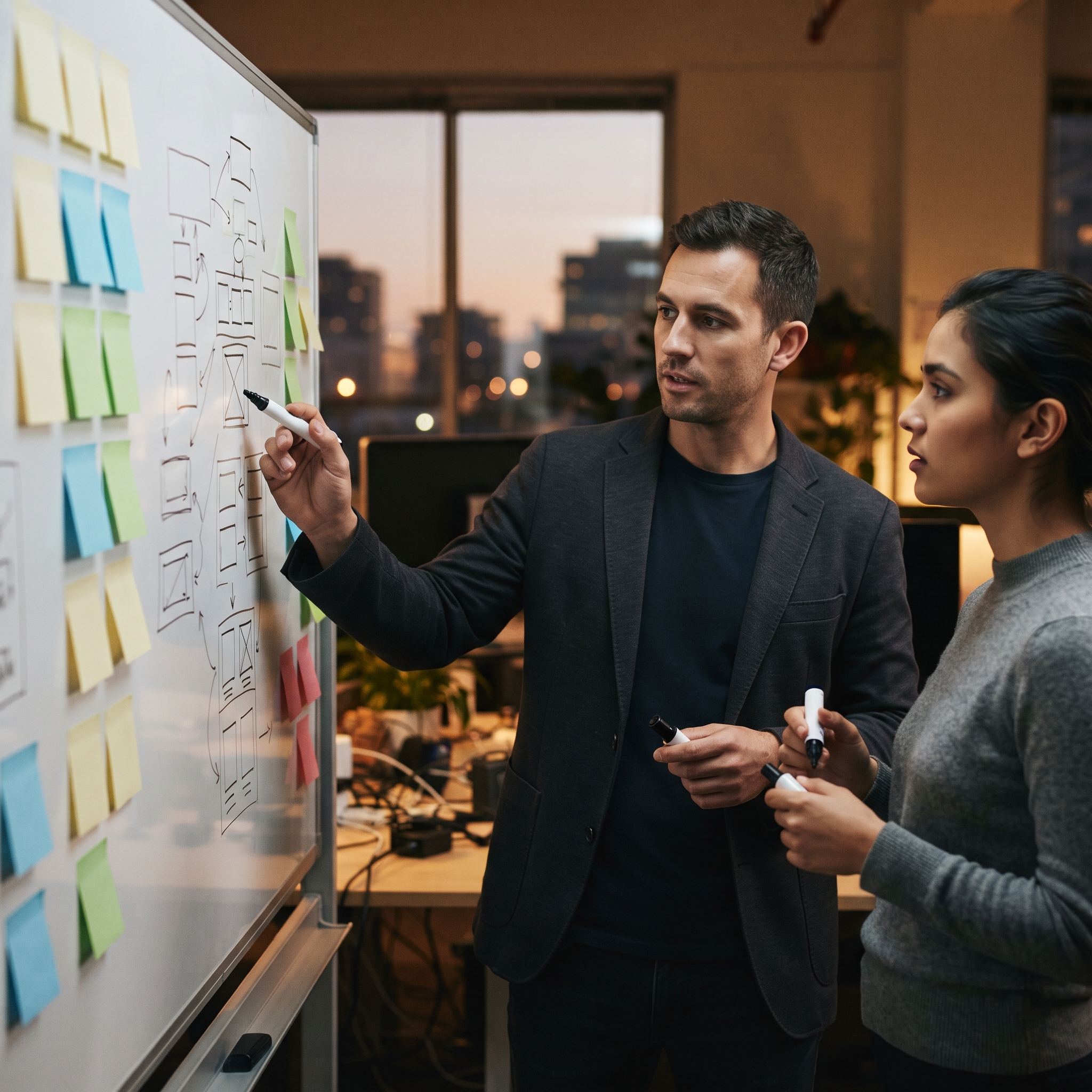 Two colleagues at a whiteboard deciding which internal tools to build first