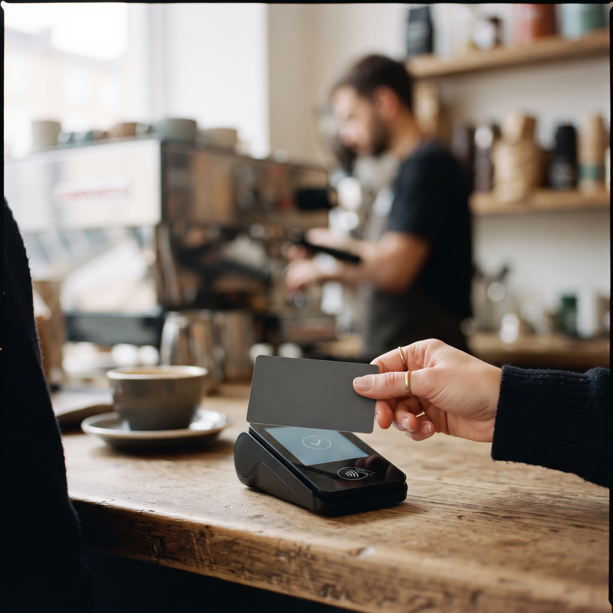Customer tapping a contactless card on a payment reader — card-present payment at the point of sale