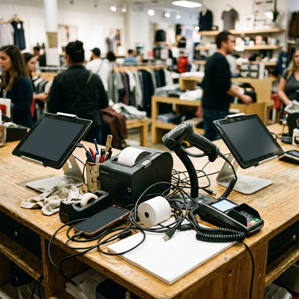 Checkout counter cluttered with stacked devices patching gaps in an off-the-shelf POS