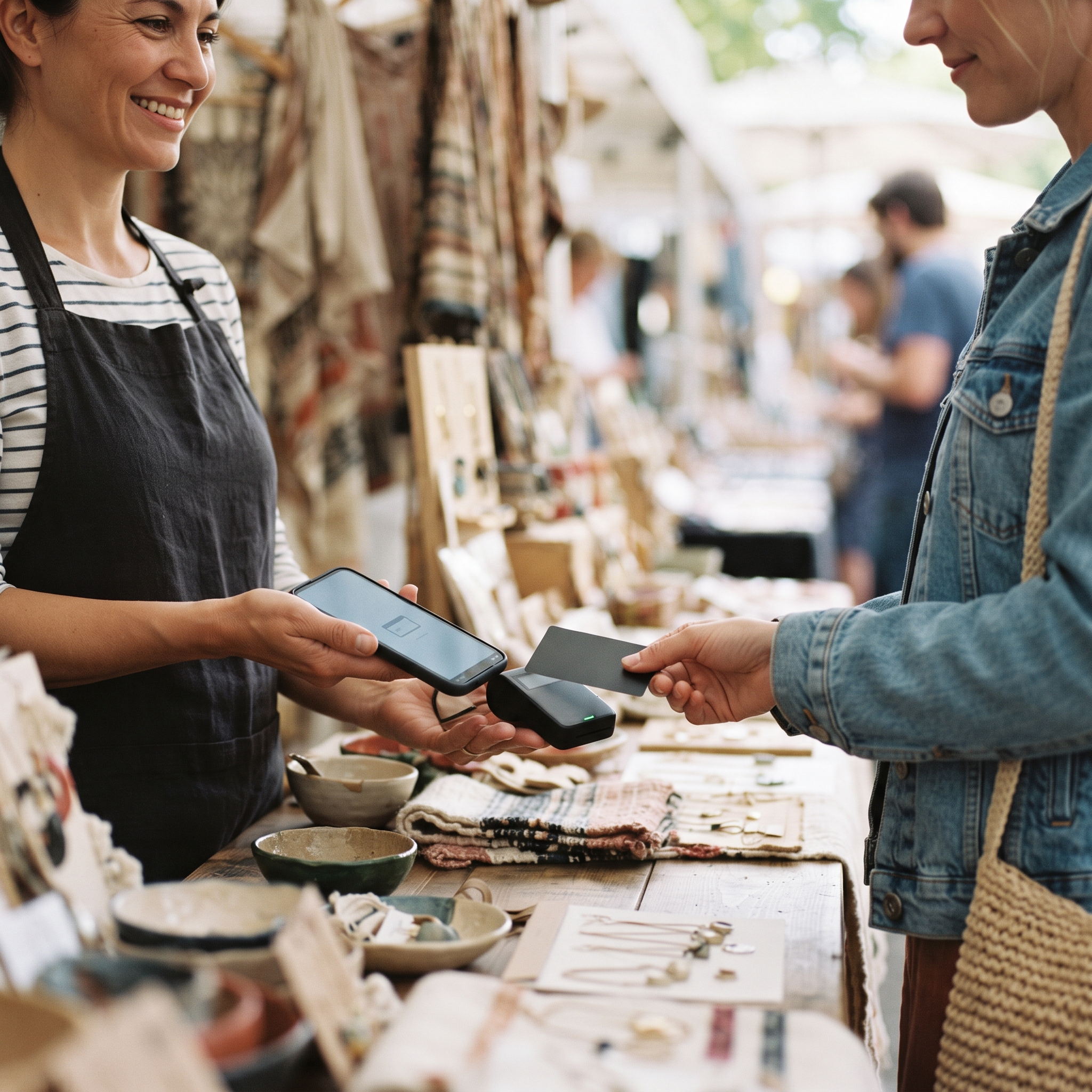 Vendor taking a tap payment on a phone with a compact card reader at a market stall, one way to accept in-person payments for a WooCommerce store