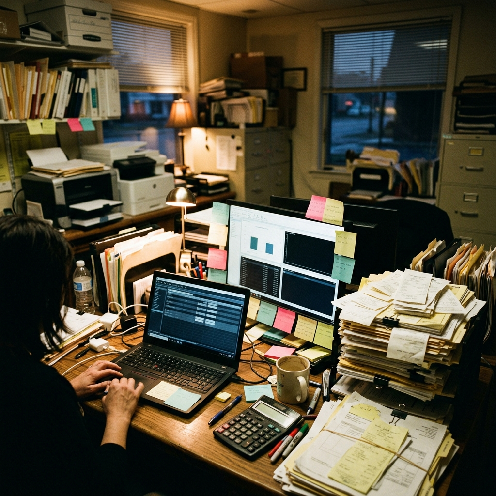 Small business back office with scattered tools and paperwork, the tool sprawl behind 2026 POS feature trends