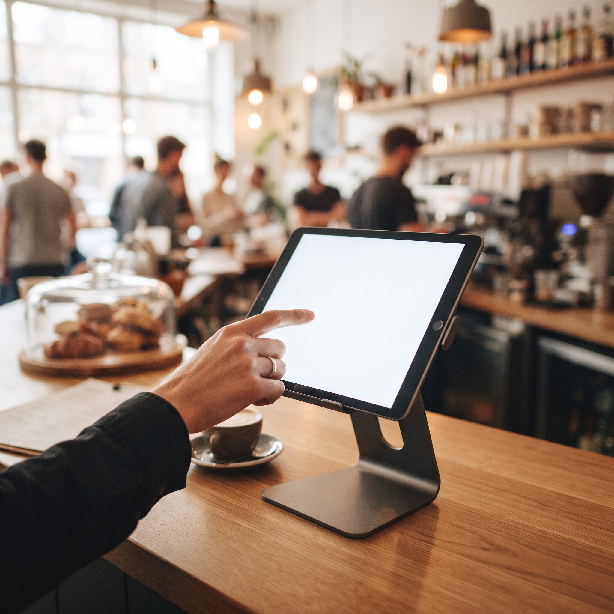 Customer-facing tablet kiosk at a restaurant counter built from a napkin sketch