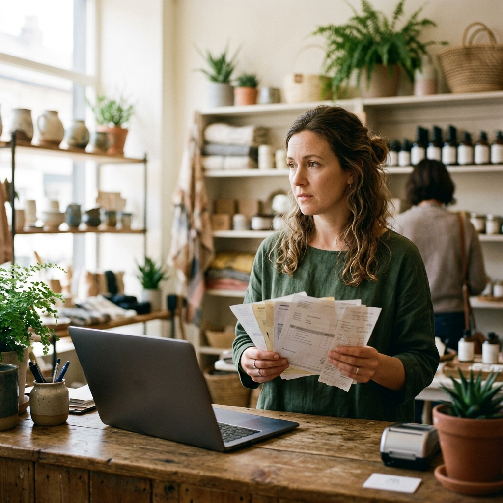 A small retail shop owner reviewing a stack of software subscription invoices at the counter