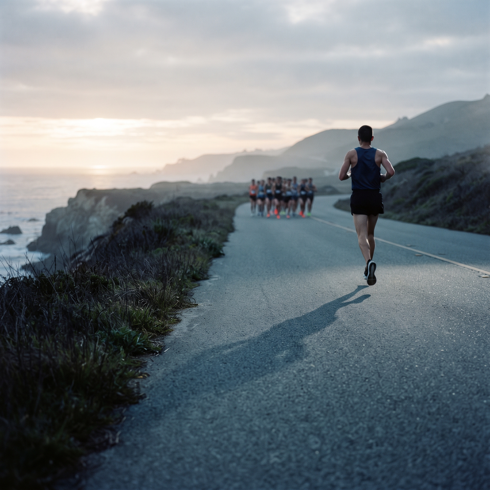 A marathon runner far ahead of the pack at dawn, a metaphor for a model's lead growing on longer tasks