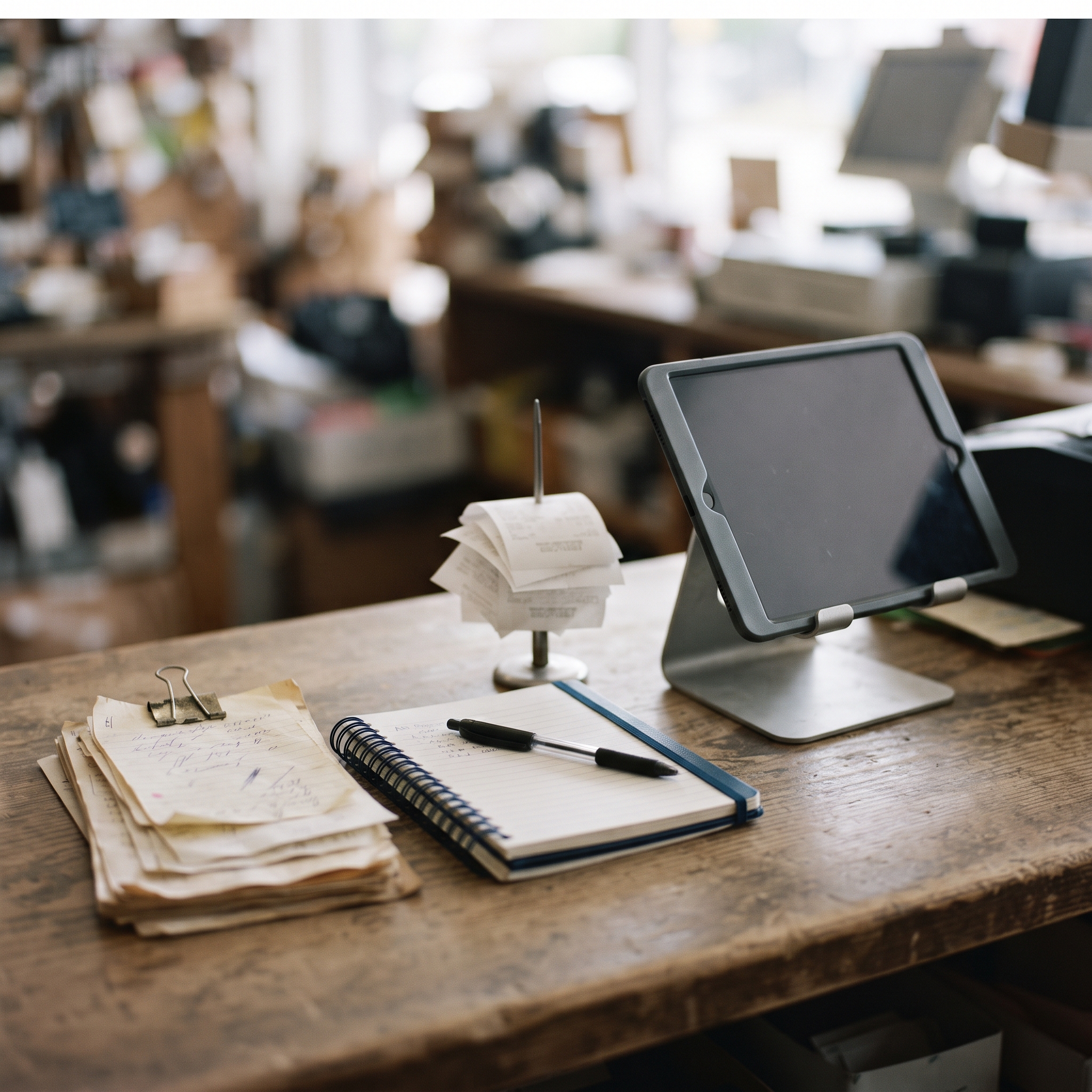 Handwritten notes and a notebook beside a shop tablet, the everyday face of POS workarounds