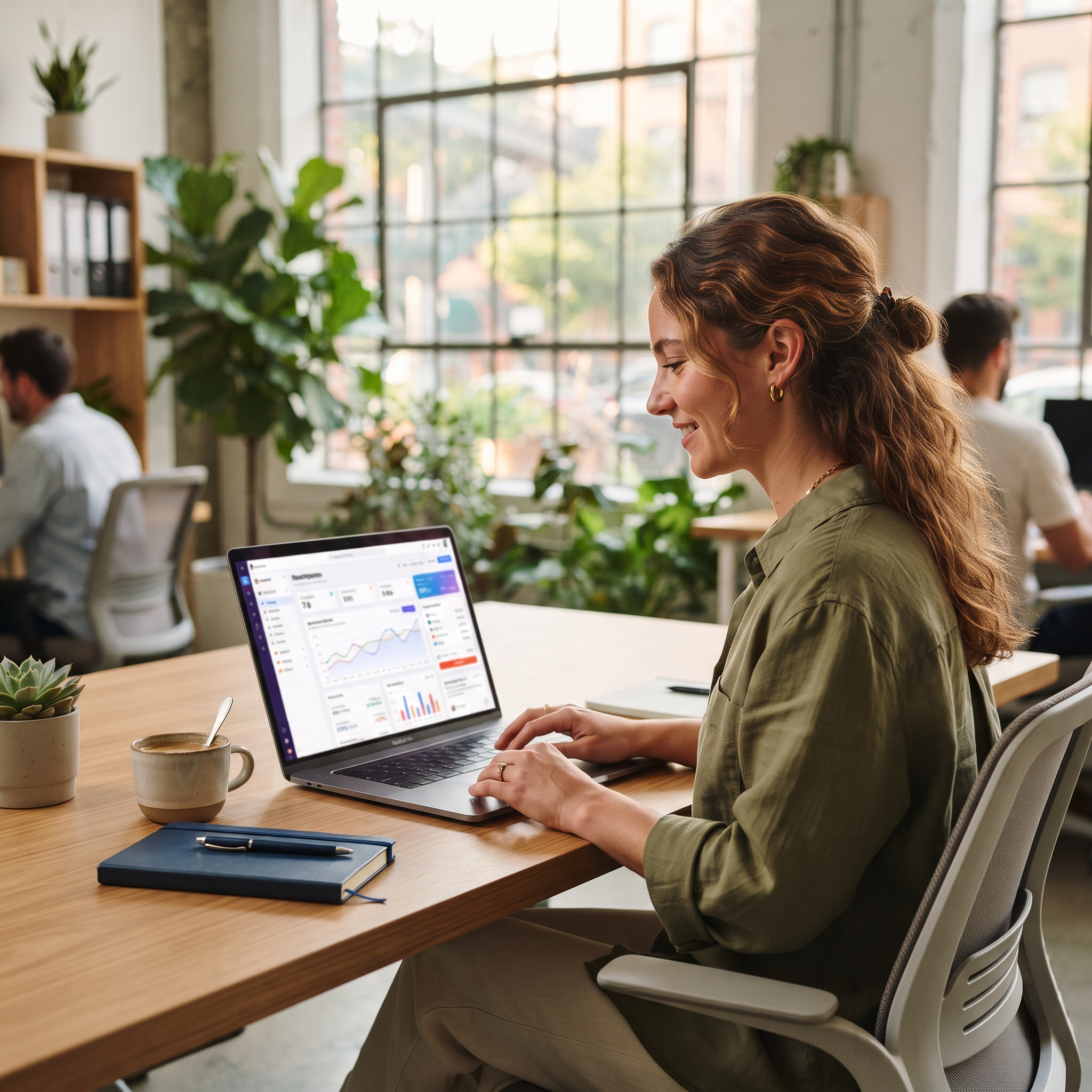 A founder building a polished web app on a laptop in a bright studio workspace
