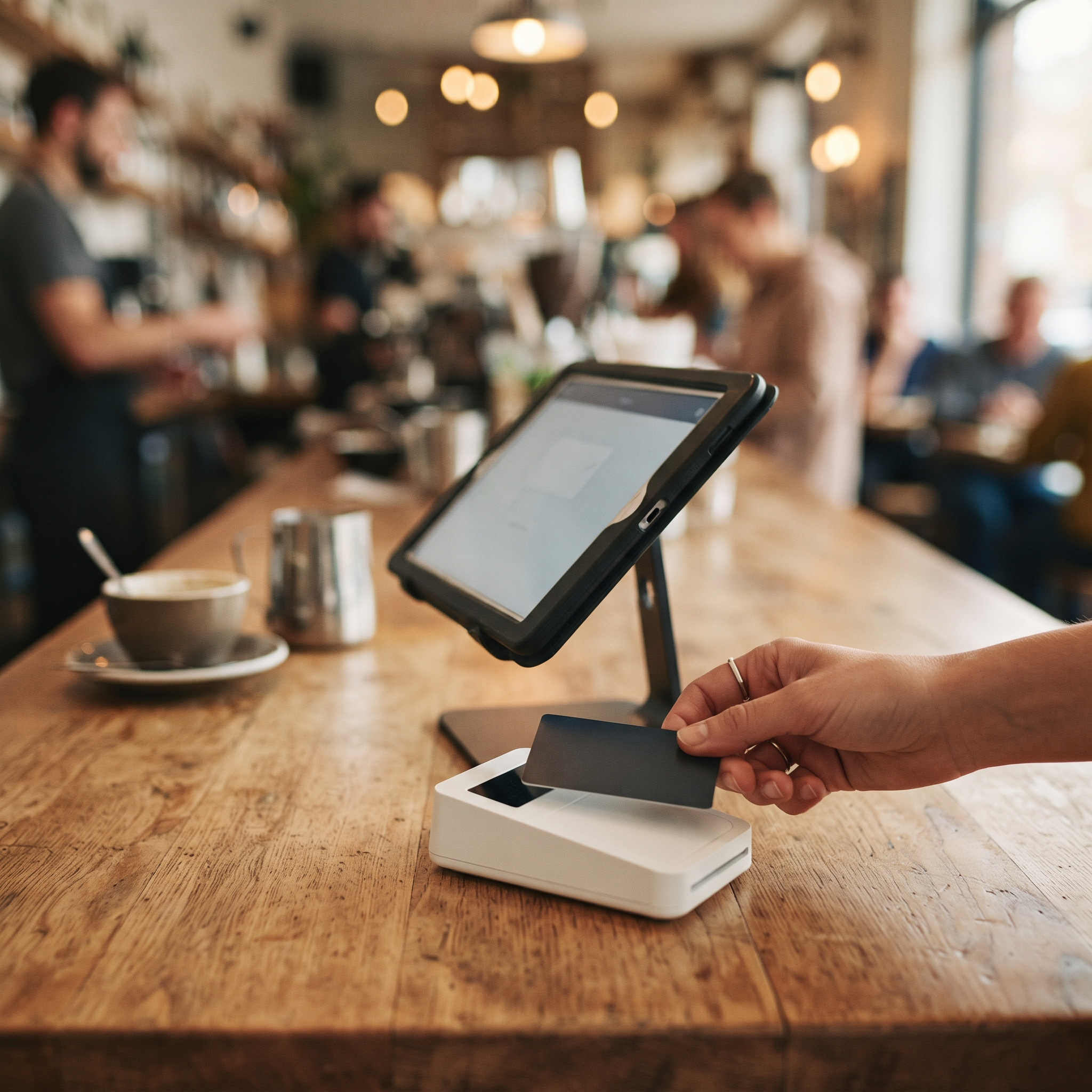 Unbranded tablet POS and card reader at a cafe counter, the commerce infrastructure layer behind a custom checkout