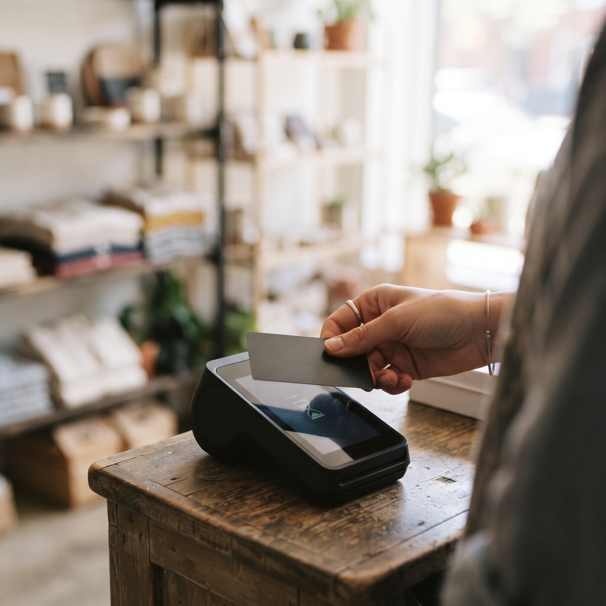 A customer tapping a card on an unbranded reader at a small shop counter