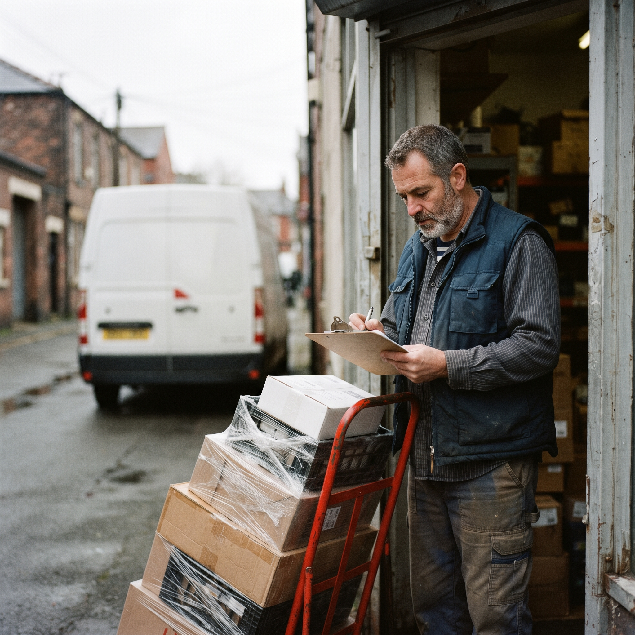 Shop owner counting delivered cases at the back door against the purchase order