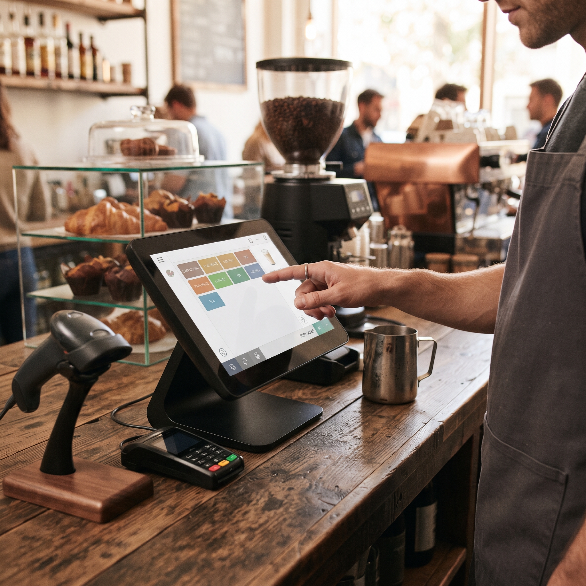 A barista using a point-of-sale touchscreen at the counter of a sunlit coffee shop