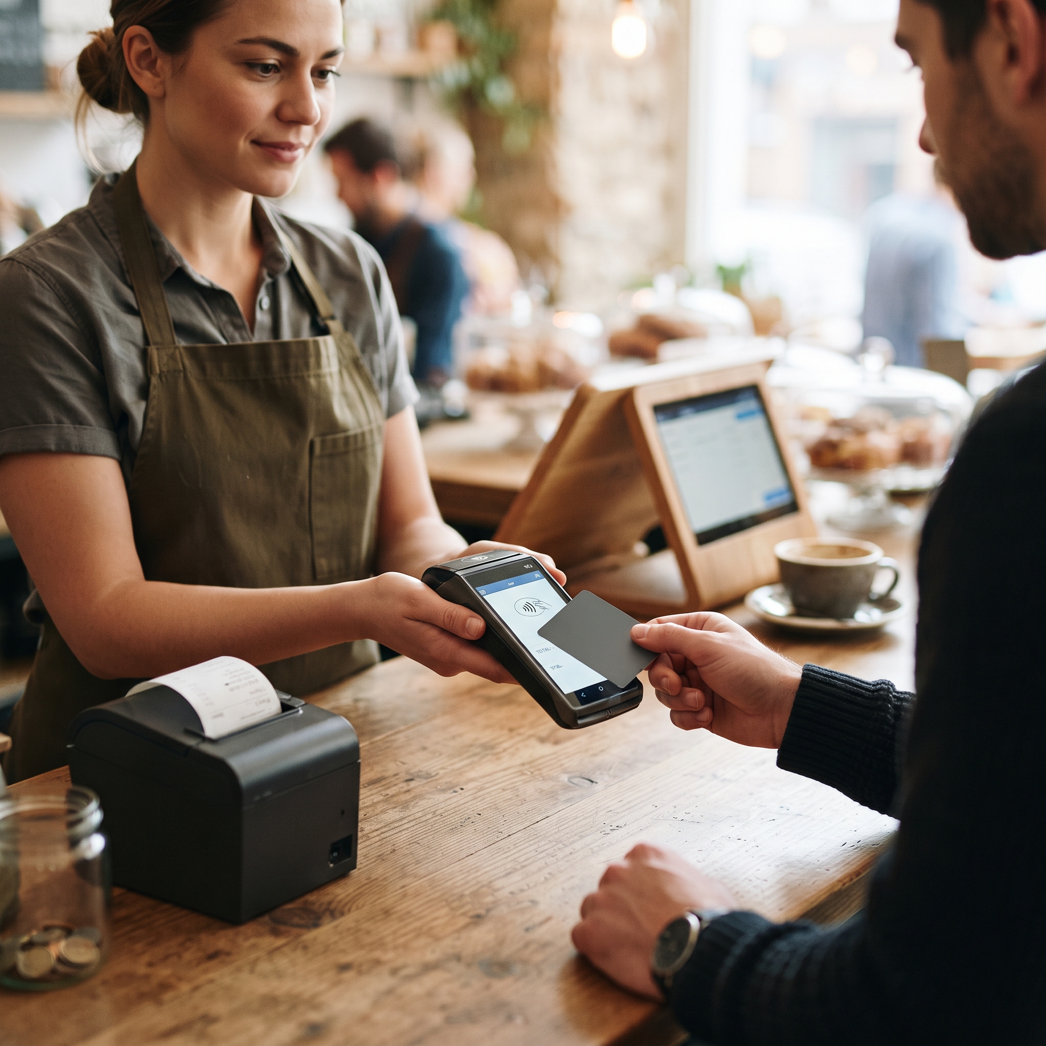 A customer tapping a card on a payment terminal at a cafe counter as a receipt prints