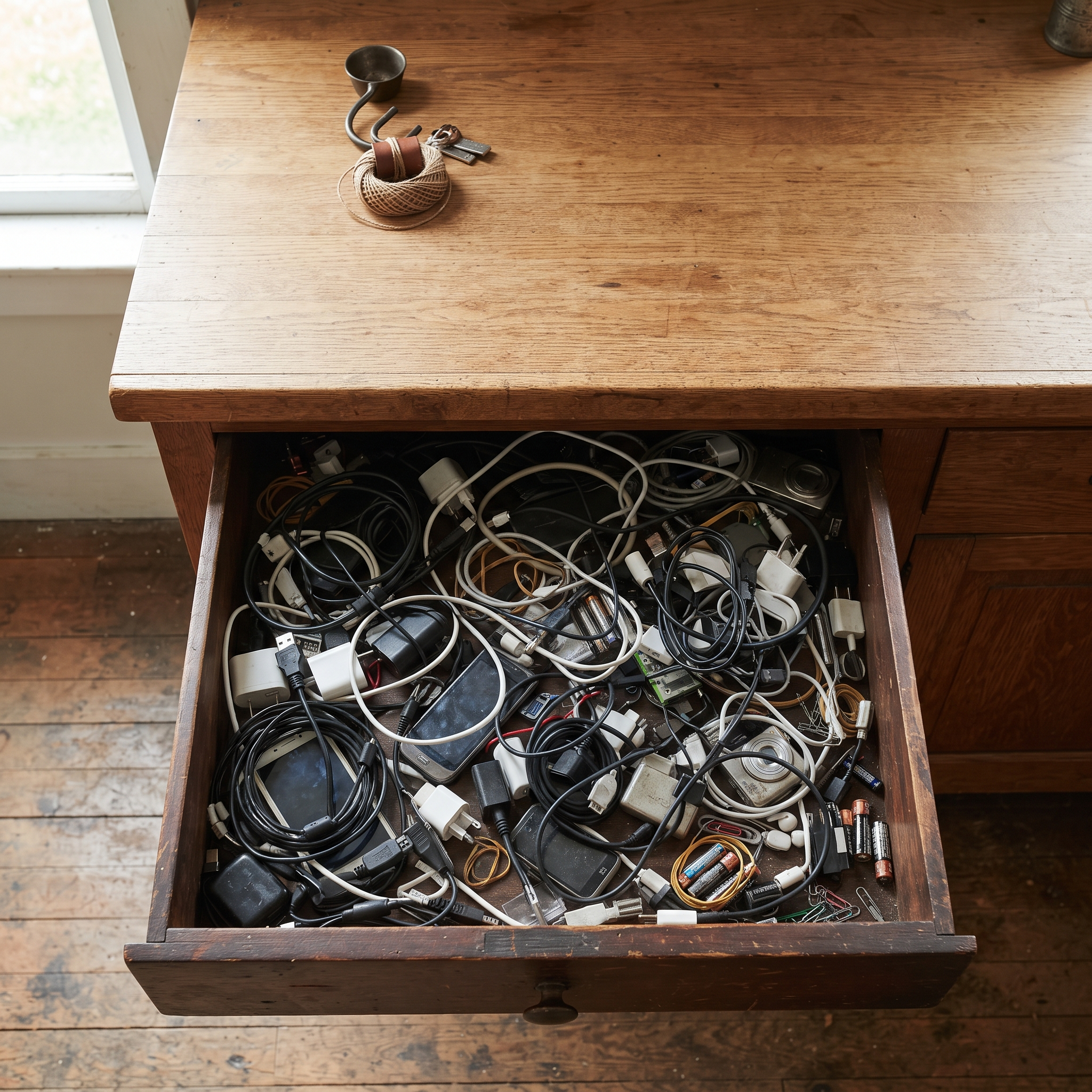 A tidy shop counter hiding a junk drawer full of unused gadgets, a metaphor for hiding rather than removing unused POS features