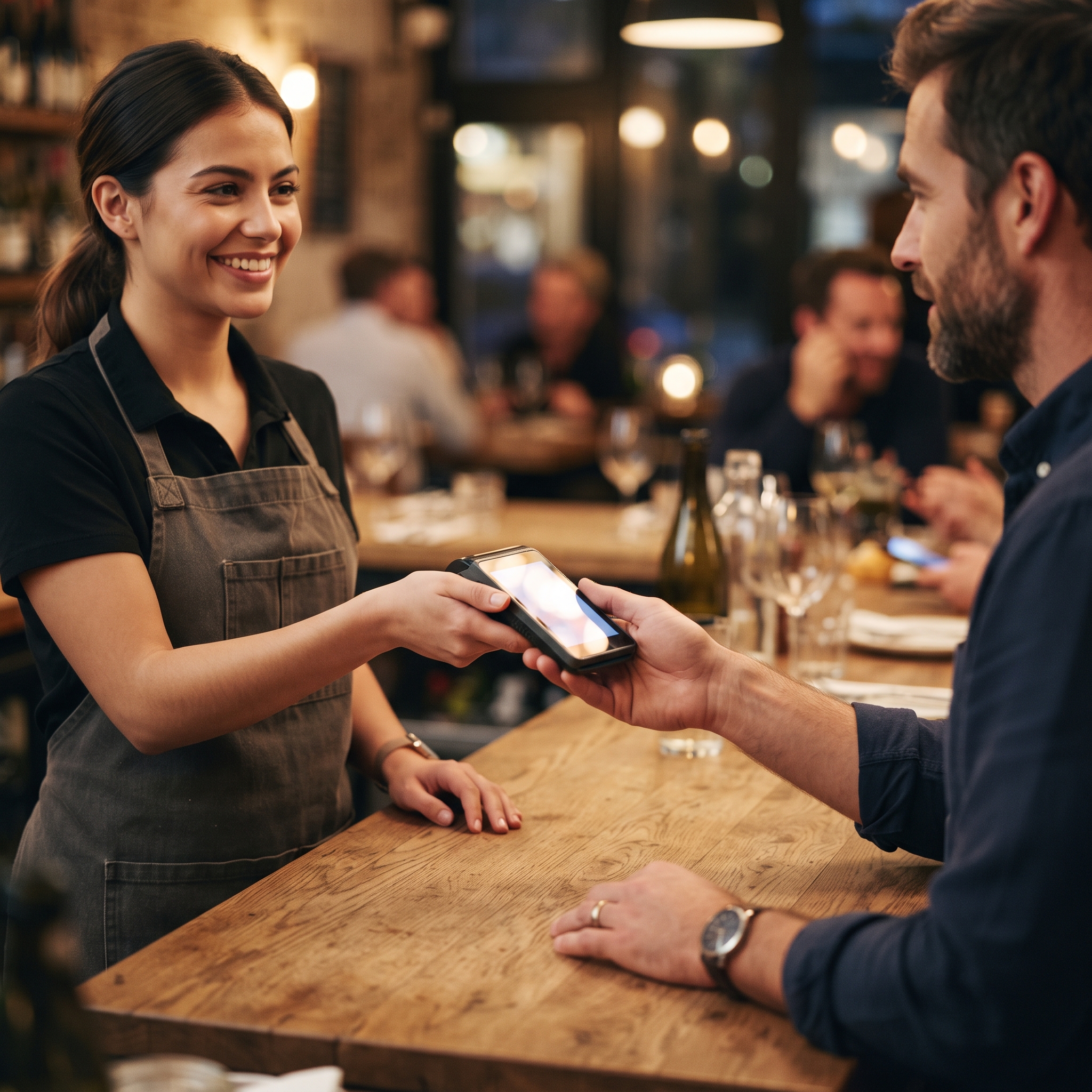 Server handing a card reader to a customer so they can pick a tip on the reader screen