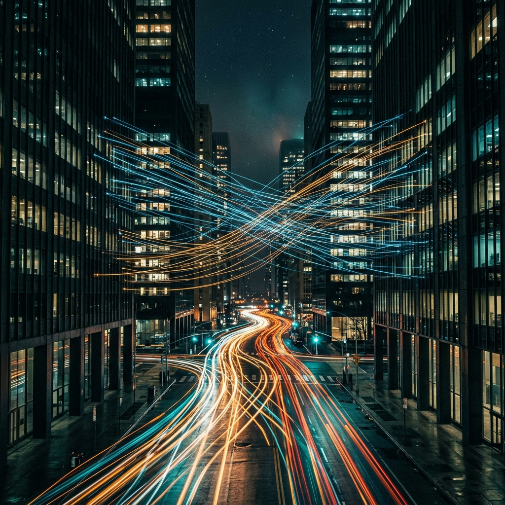 Light trails at night representing transaction data moving through a payment gateway