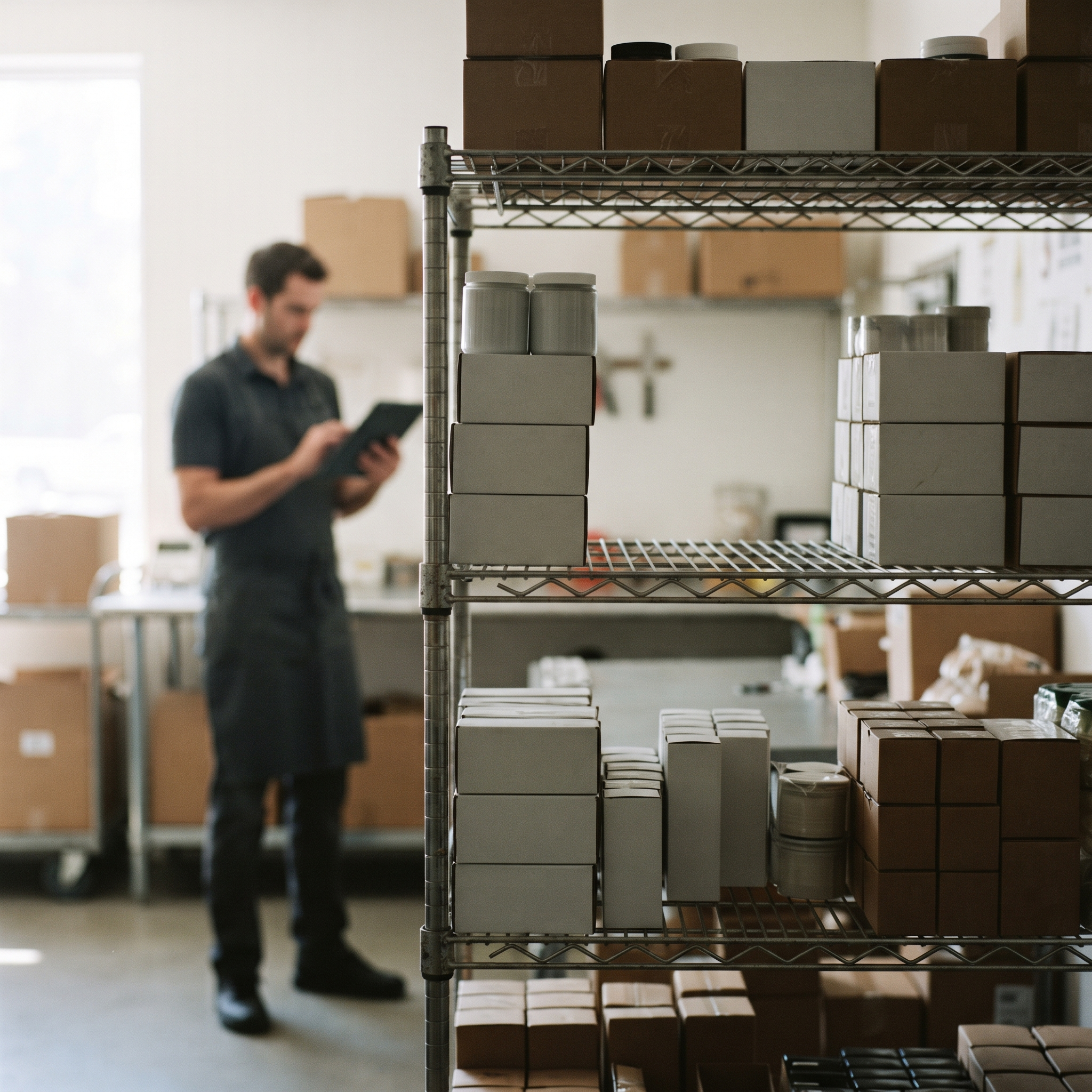 Empty shelf gap in a stockroom while a worker adjusts the stock count on a tablet