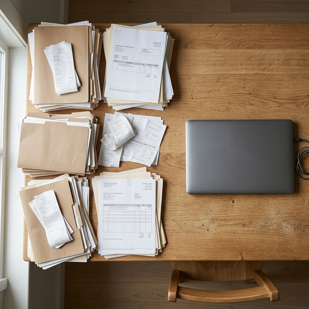 A folder of receipts and contracts waiting to be handed to an AI agent as one Claude Cowork prompt