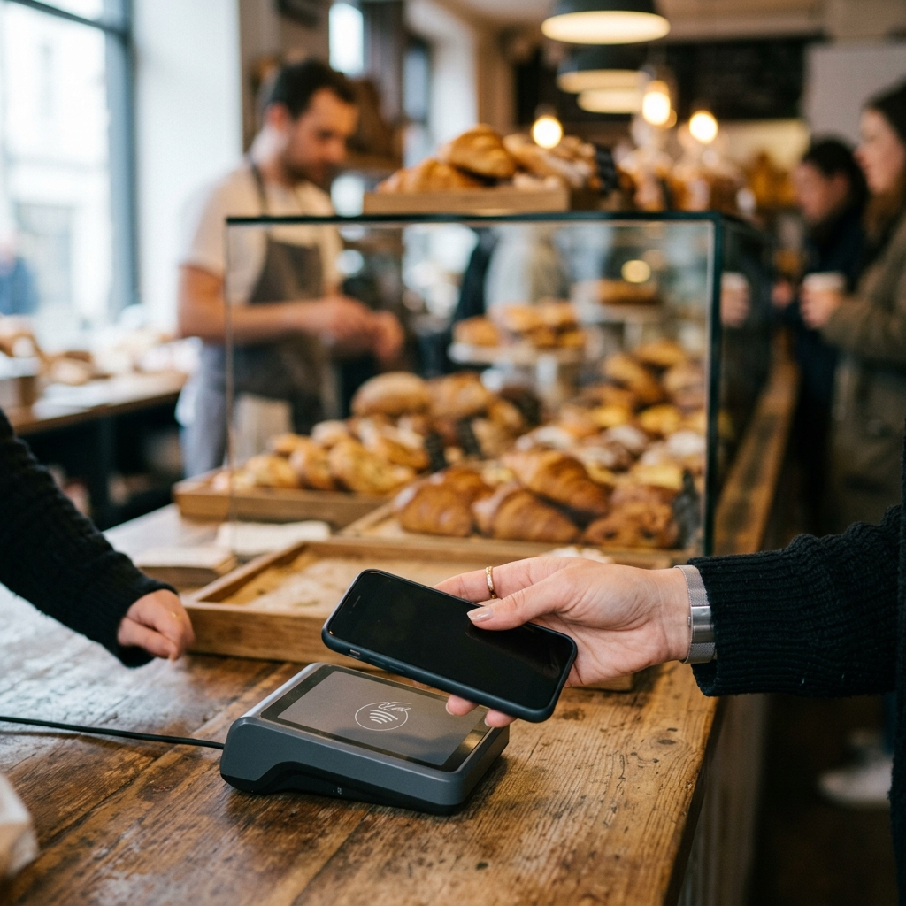 A customer holds their phone over a countertop card terminal to make a mobile tap payment