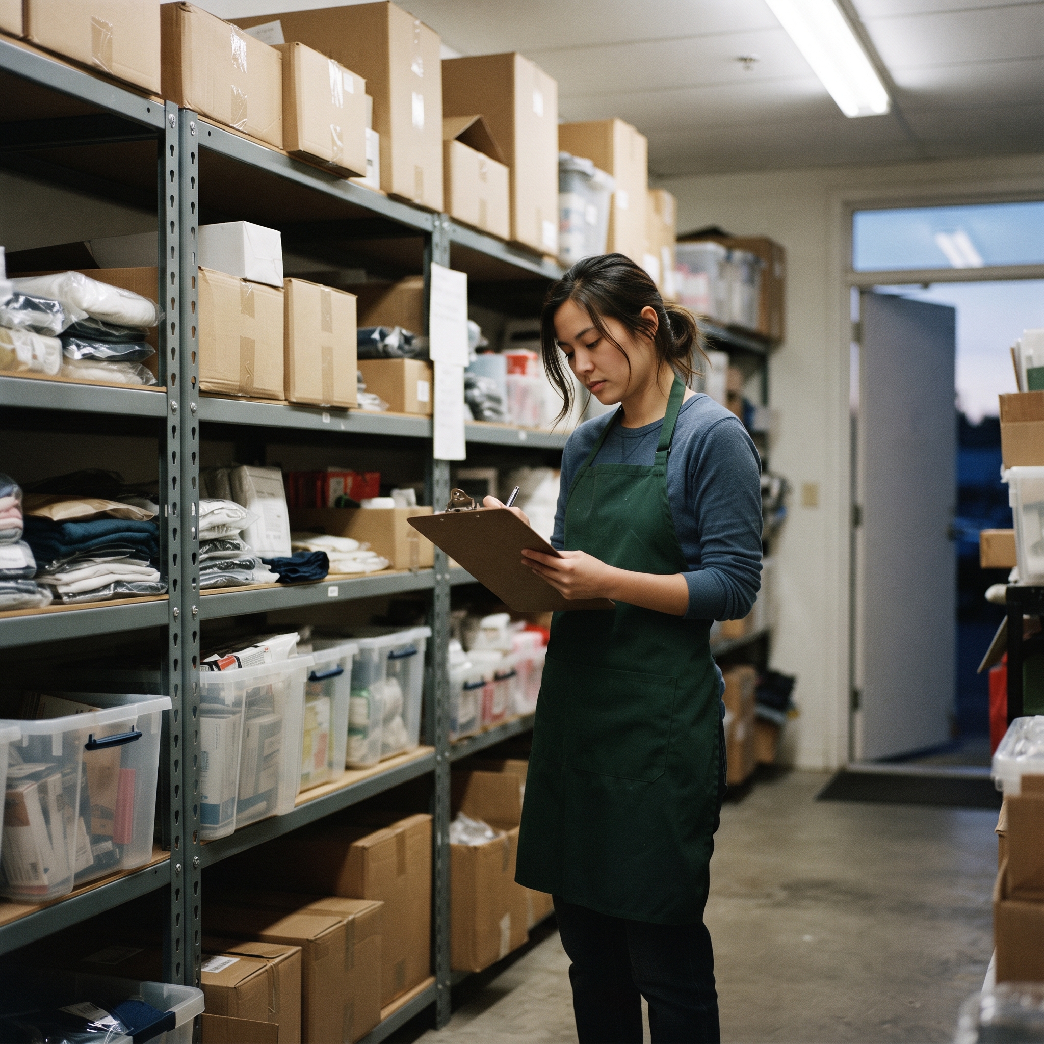 Store employee recounting stockroom shelves to reconcile in-store and online inventory counts