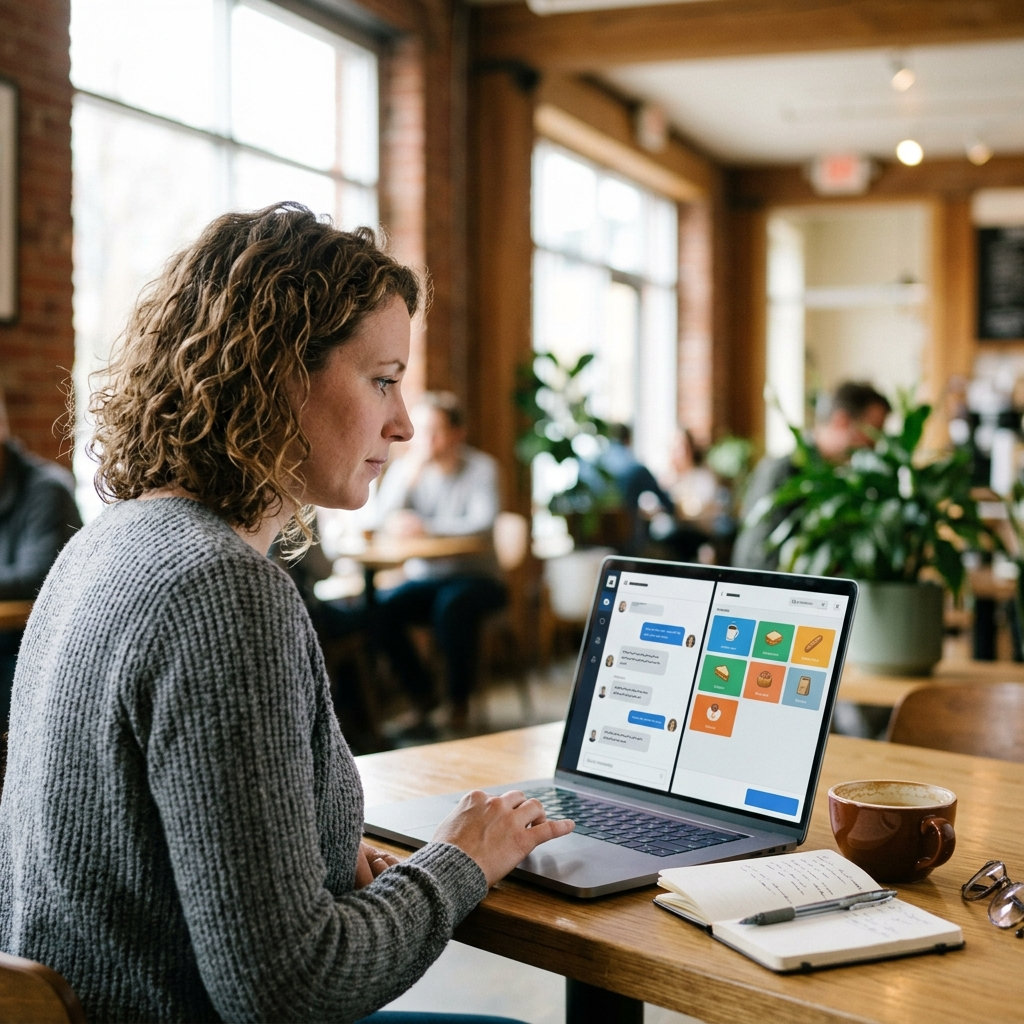 A business owner using an AI chat tool on a laptop to build a point-of-sale checkout, with a live preview beside the chat
