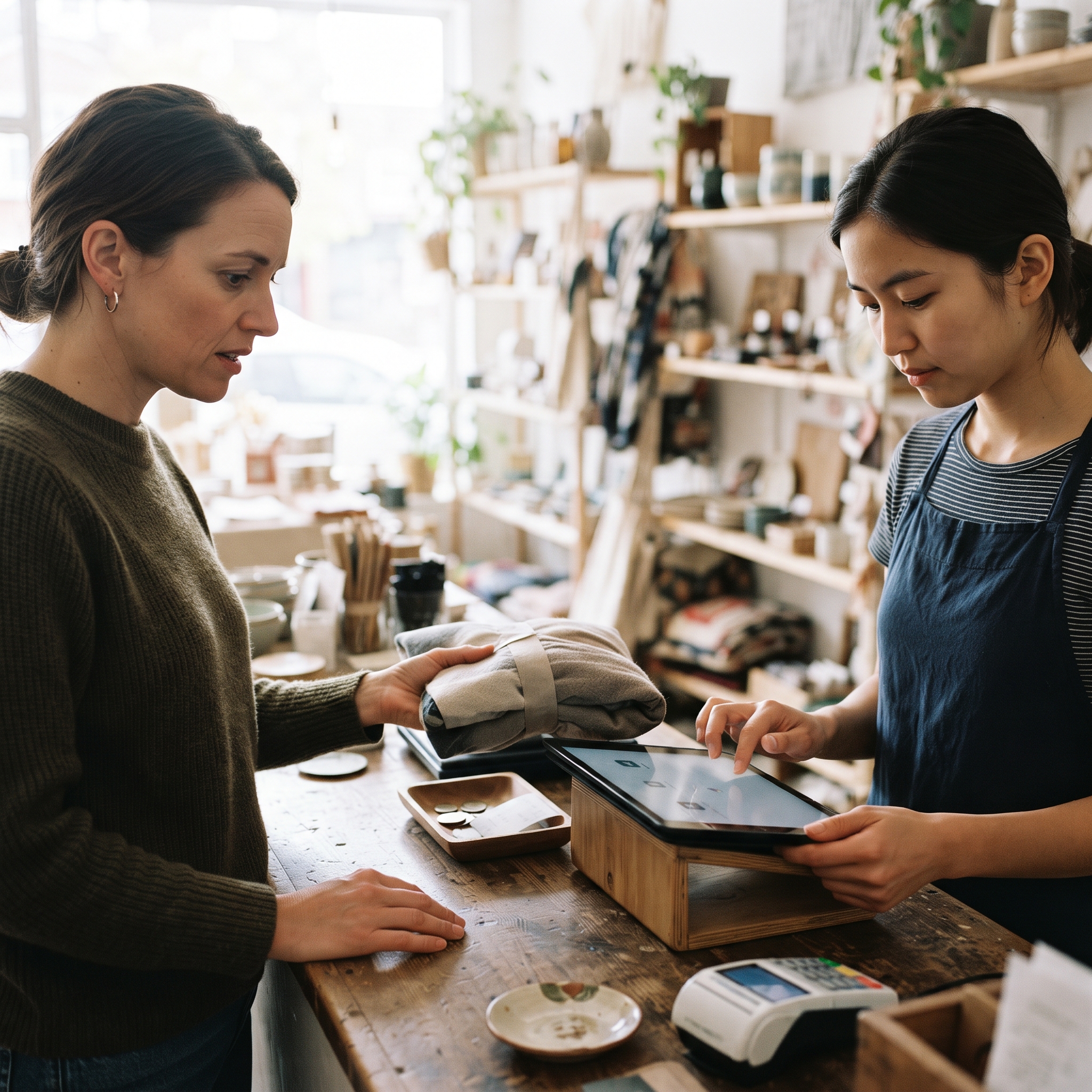 Customer returning an item at the counter while the cashier works the till, the refund path AI-generated checkouts leave out