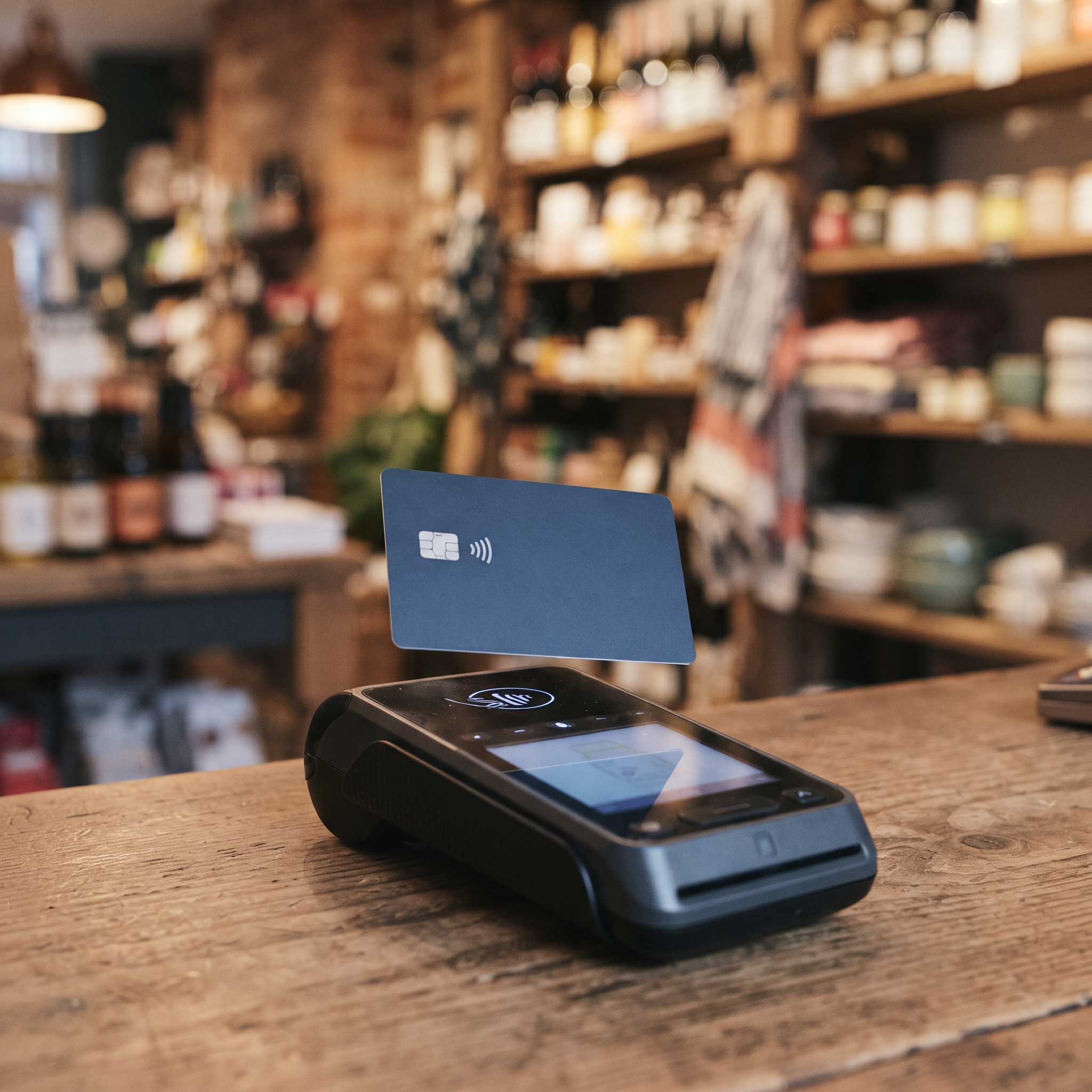 Contactless card held over a certified card reader at a shop counter, illustrating tap-to-pay entitlement requirements