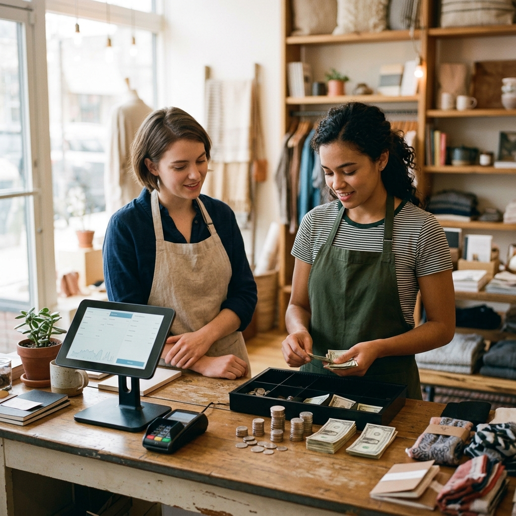 Two staff counting the drawer at a shift change, the cash count per shift that narrows a shortage to a person and a time
