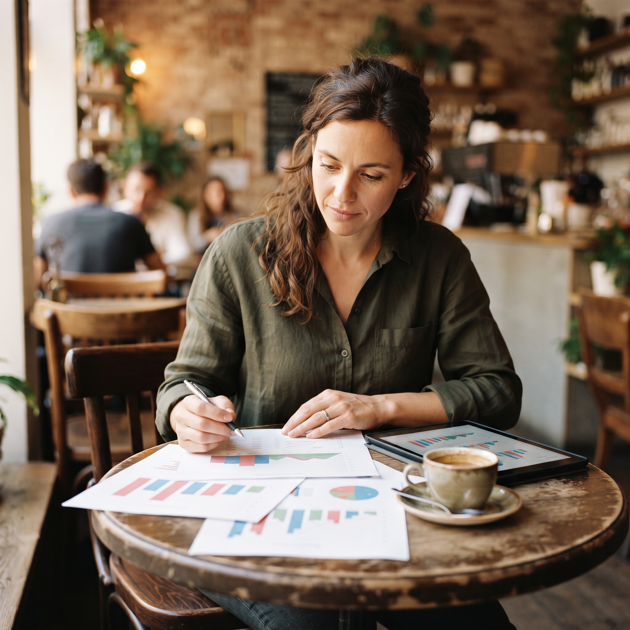 Store owner reviewing sales report charts with a tablet, a task AI can take a first pass at