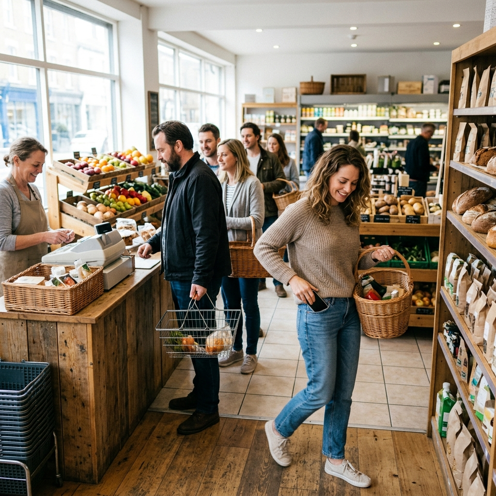 A short line moving quickly at a small grocery store after checkout UX changes