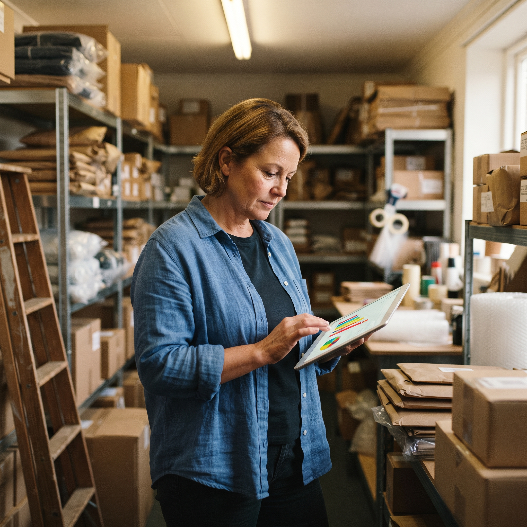 Merchant reviewing sales analytics on a tablet in a stockroom, AI-driven insight among POS feature trends